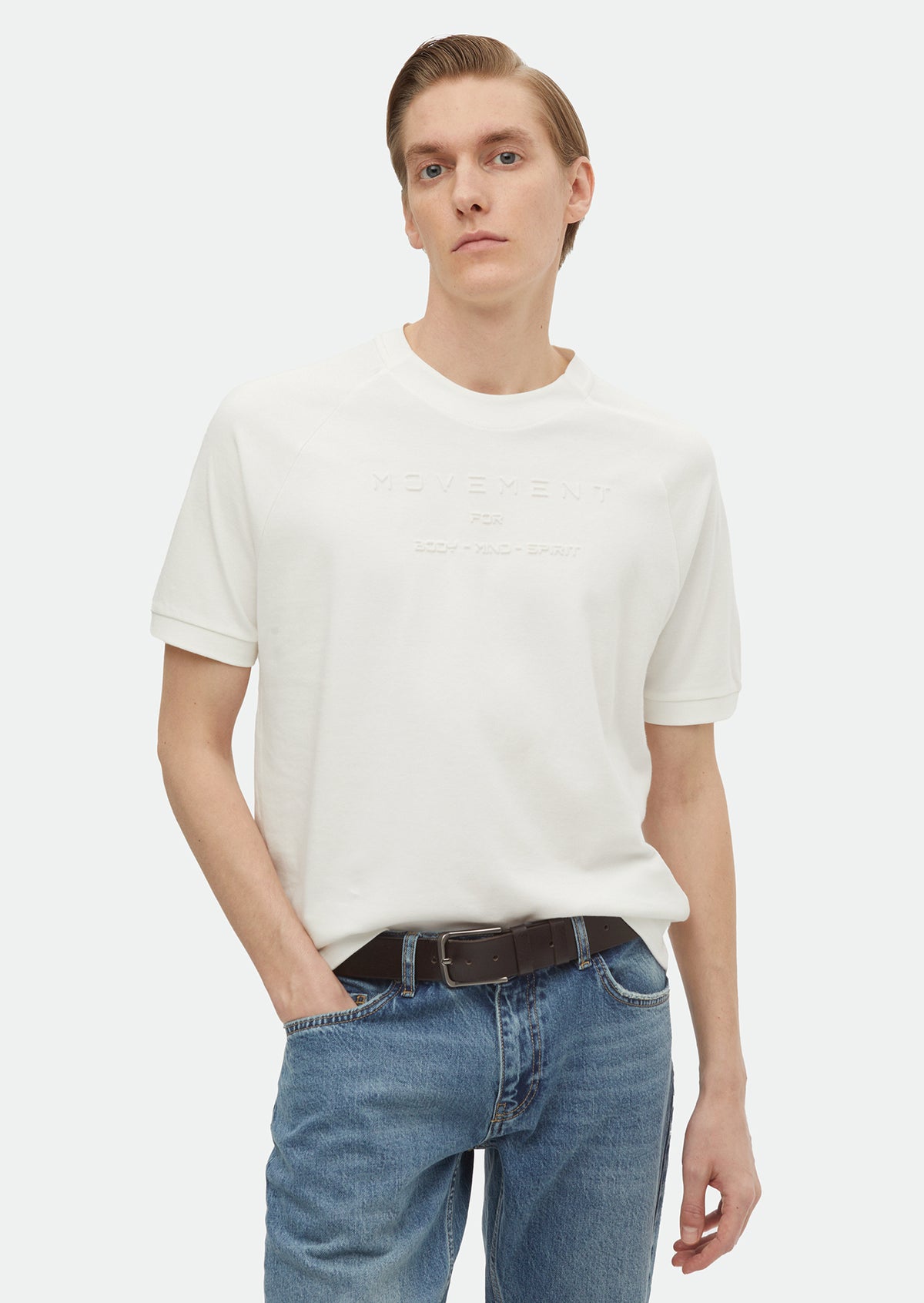 Ekru Baskılı Bisiklet Yaka %100 Pamuk T-Shirt