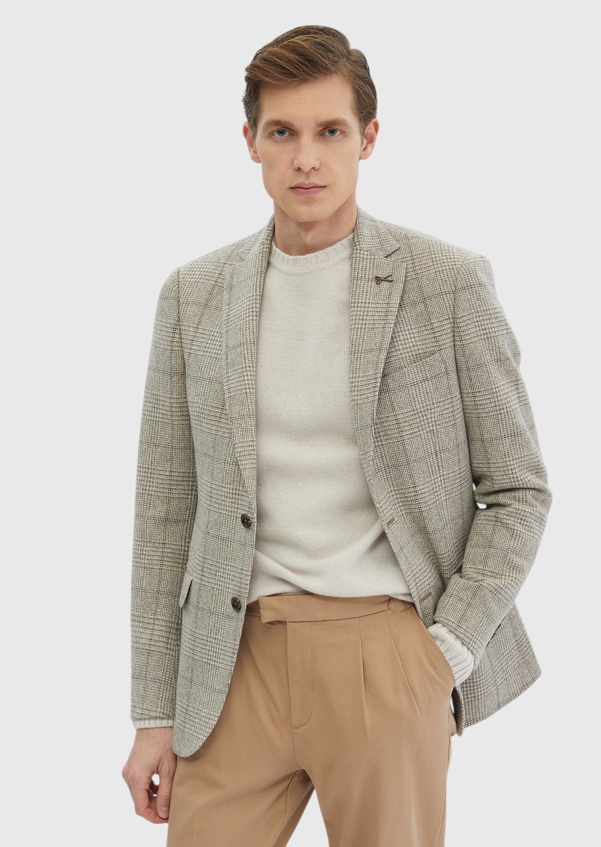 Bej Desenli Regular Fit Yün Karışımlı Ceket