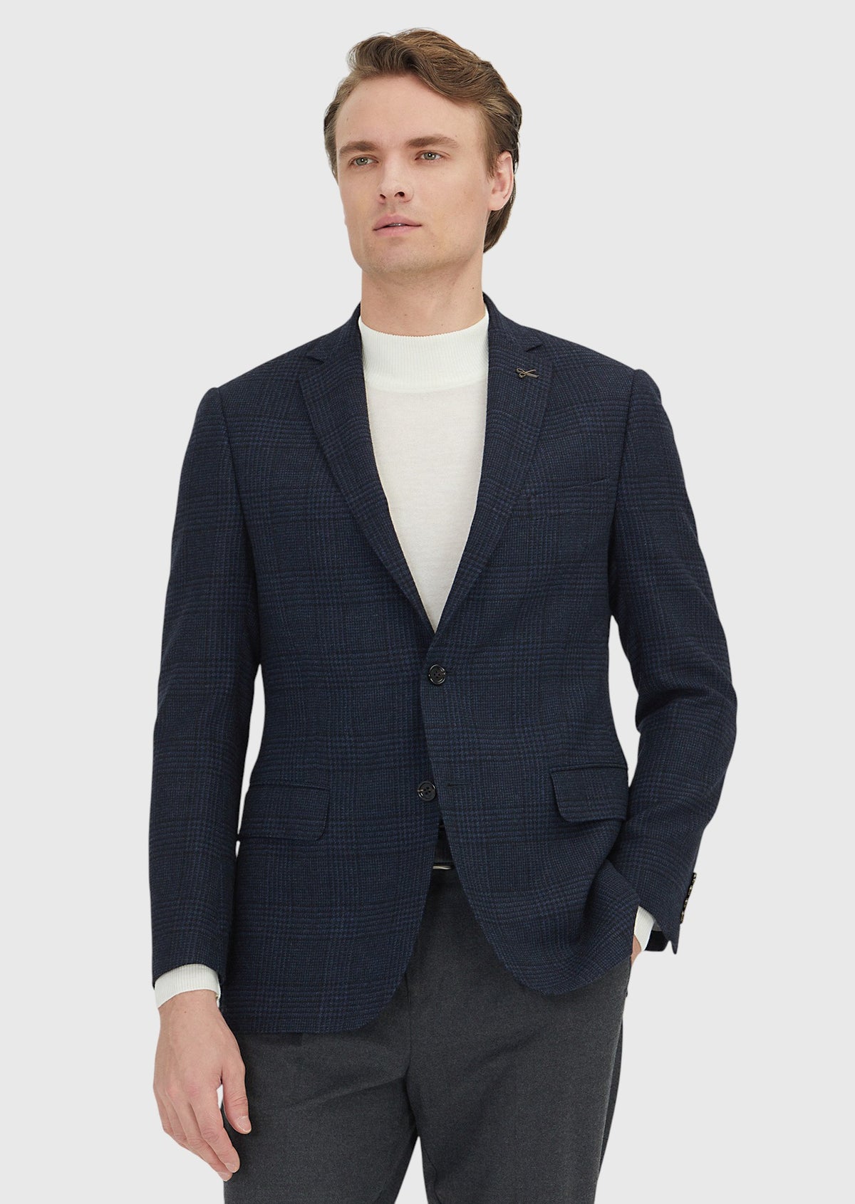 Lacivert Desenli Regular Fit %100 Yün Ceket