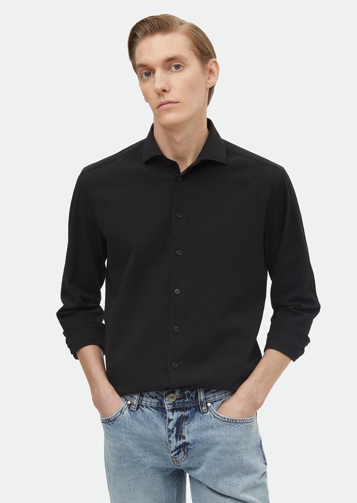 Siyah Düz Regular Fit Uzun Dokuma Casual Pamuk Karışımlı Gömlek