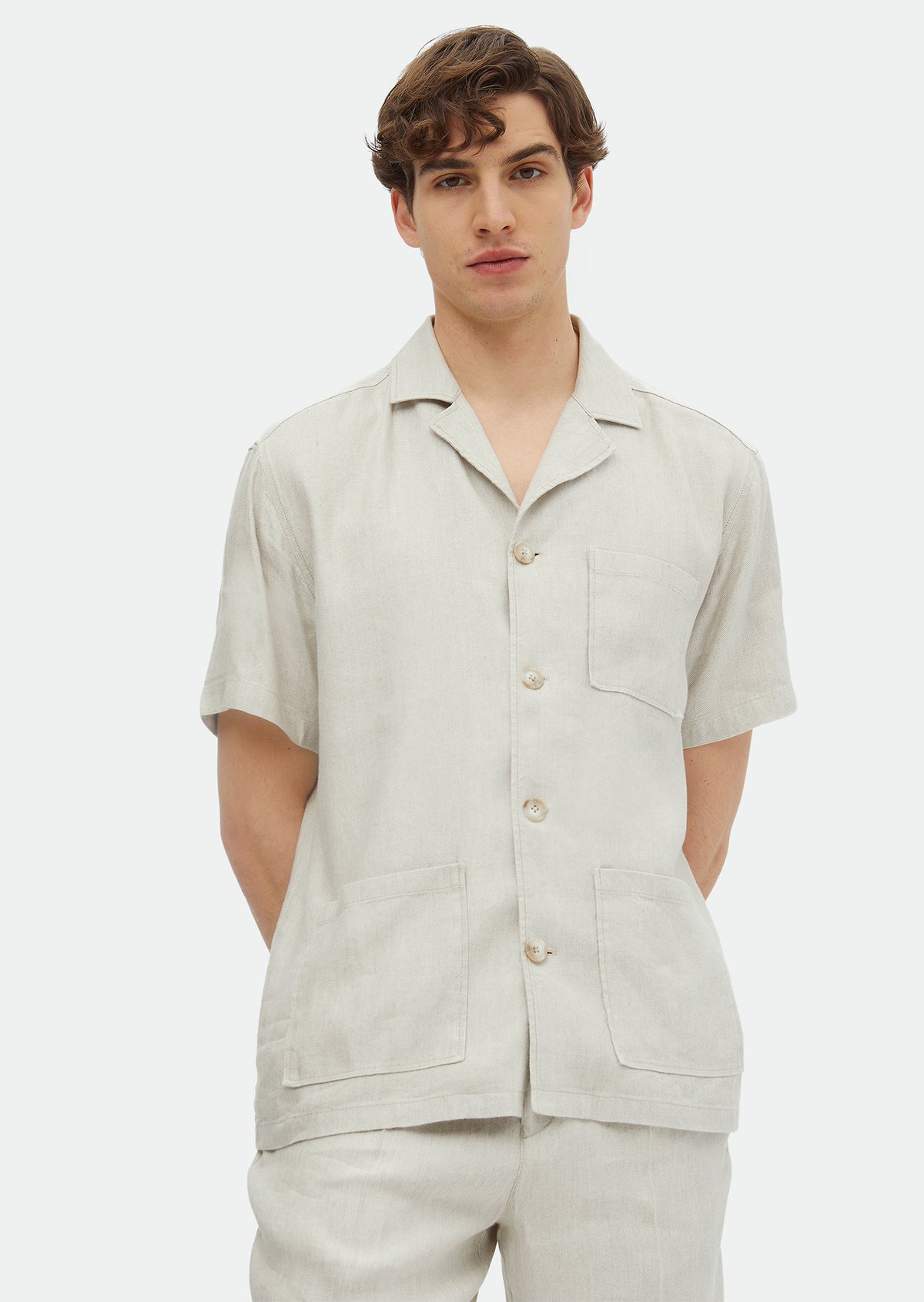 Bej Düz Casual Fit Kısa Dokuma Keten Karışımlı Overshirt