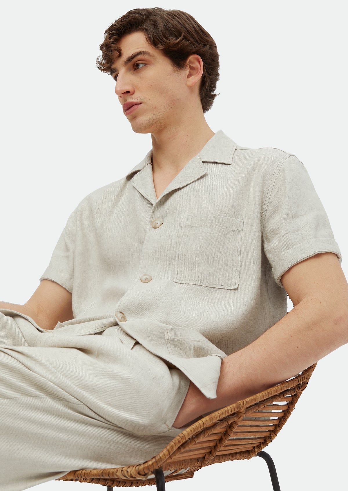 Bej Düz Casual Fit Kısa Dokuma Keten Karışımlı Overshırt