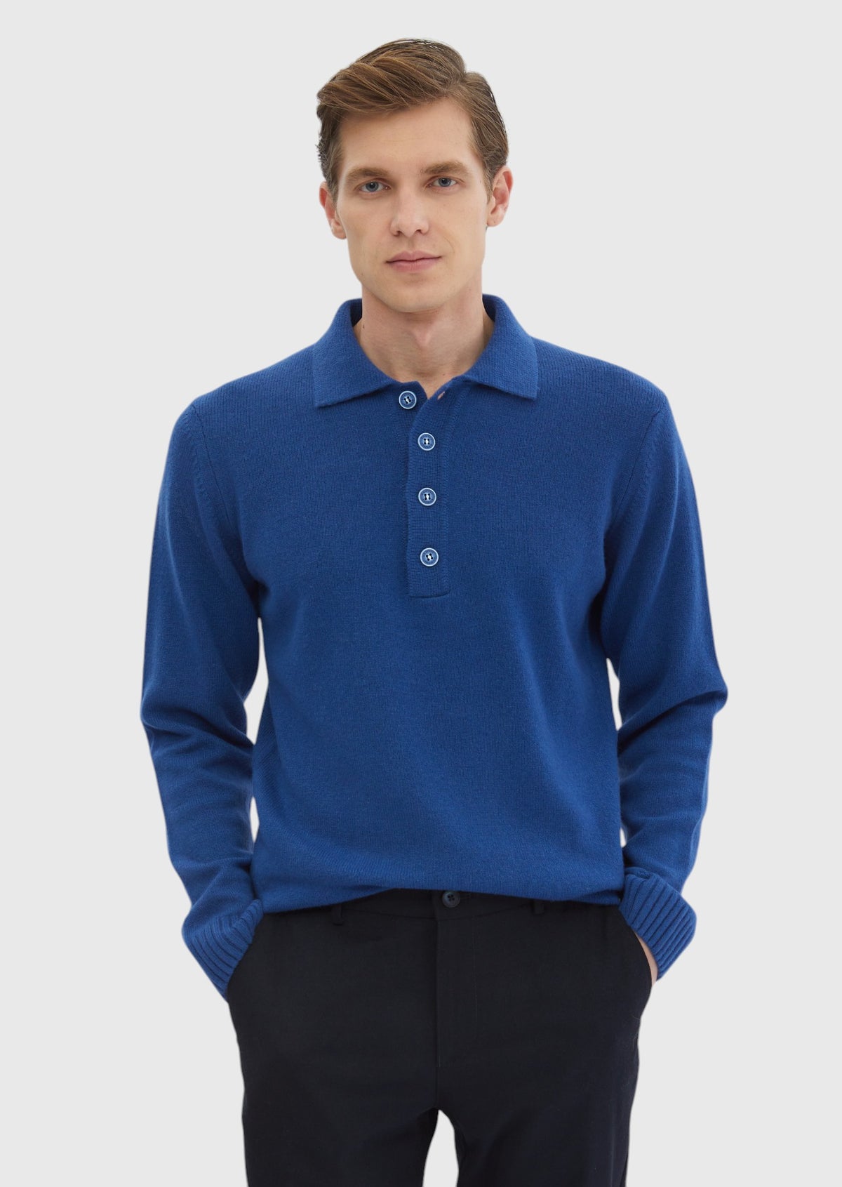 Saks Polo Yaka Düz Örgü Yün Karışımlı Triko Kazak
