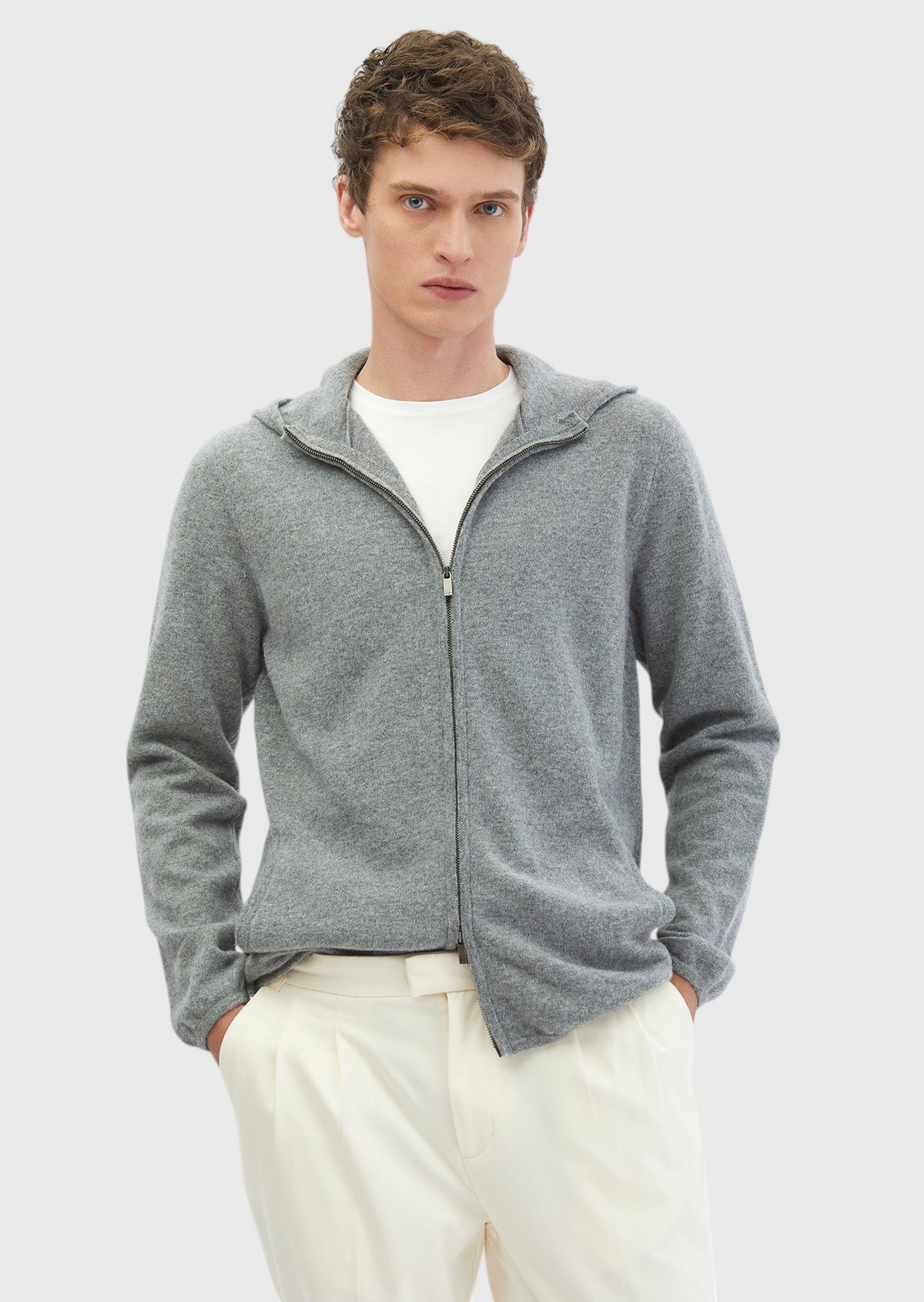 Gri Kapüşonlu Düz Örgü %100 Yün Hırka