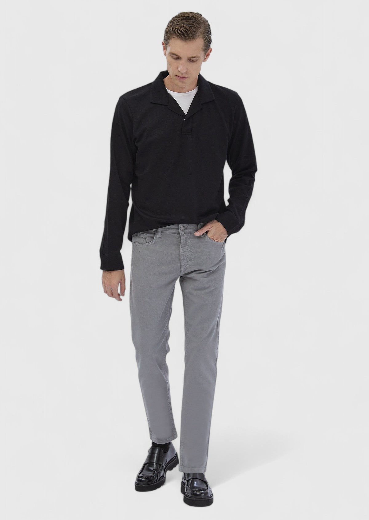 Siyah Polo Yaka Jakarlı Sweatshırt