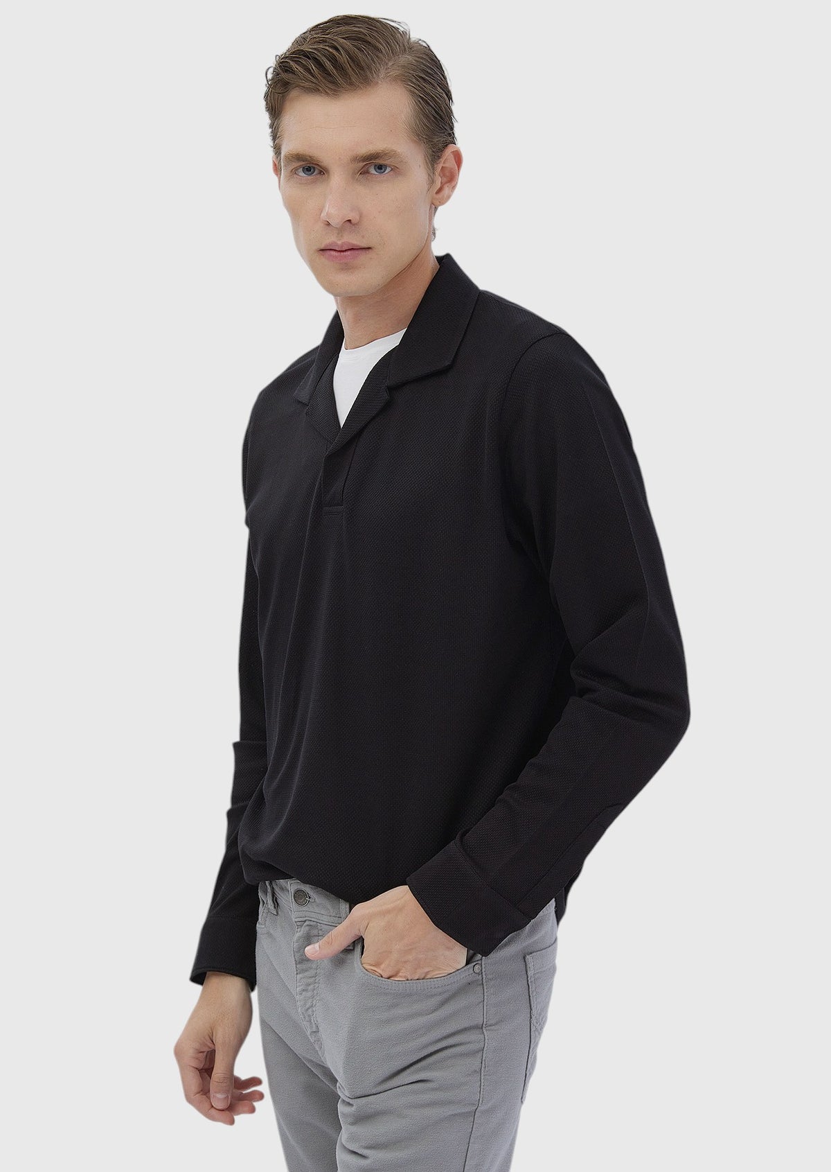 Siyah Polo Yaka Jakarlı Sweatshırt