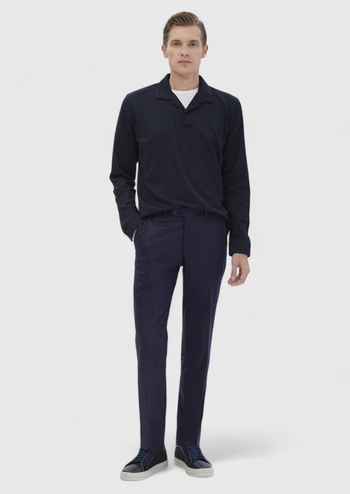 Lacivert Polo Yaka Jakarlı Sweatshırt