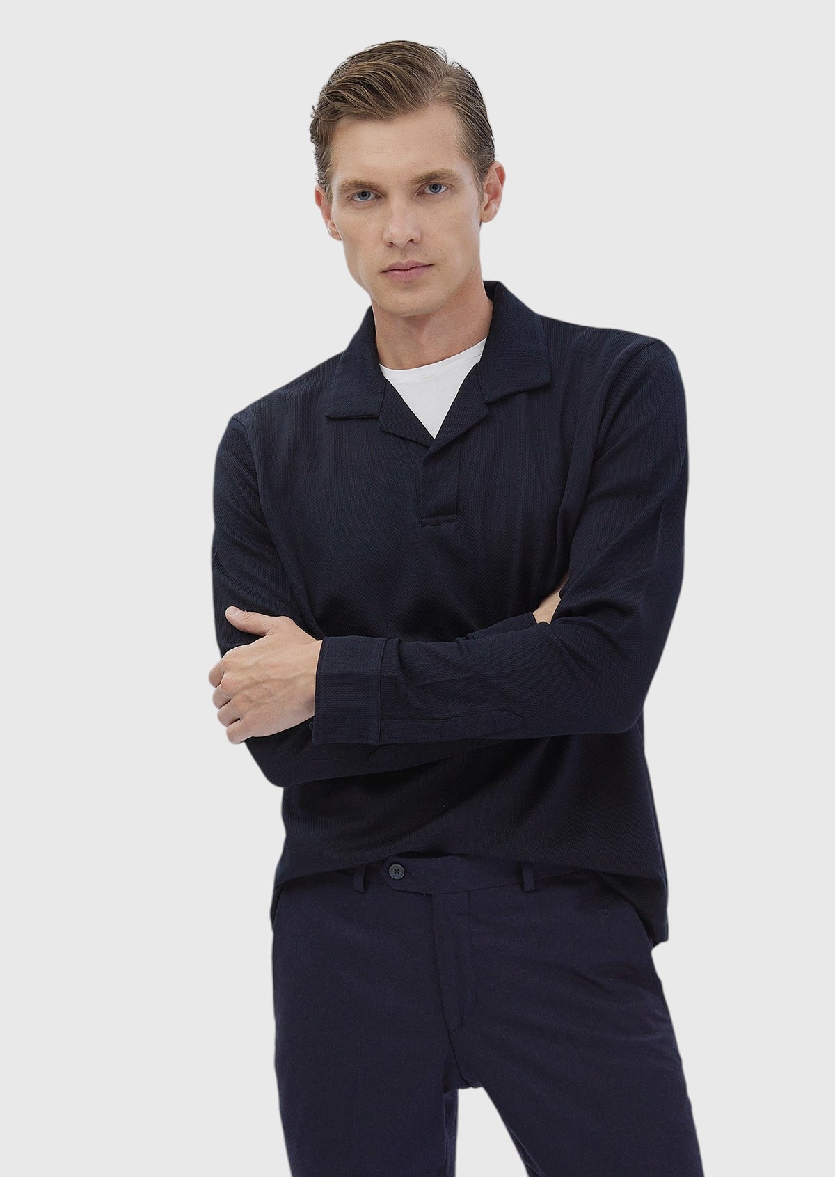 Lacivert Polo Yaka Jakarlı Sweatshırt