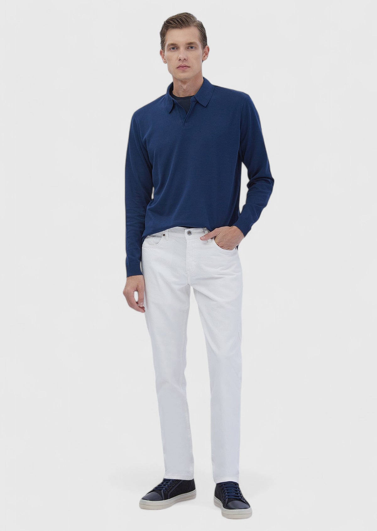 İndigo Polo Yaka Düz Sweatshırt
