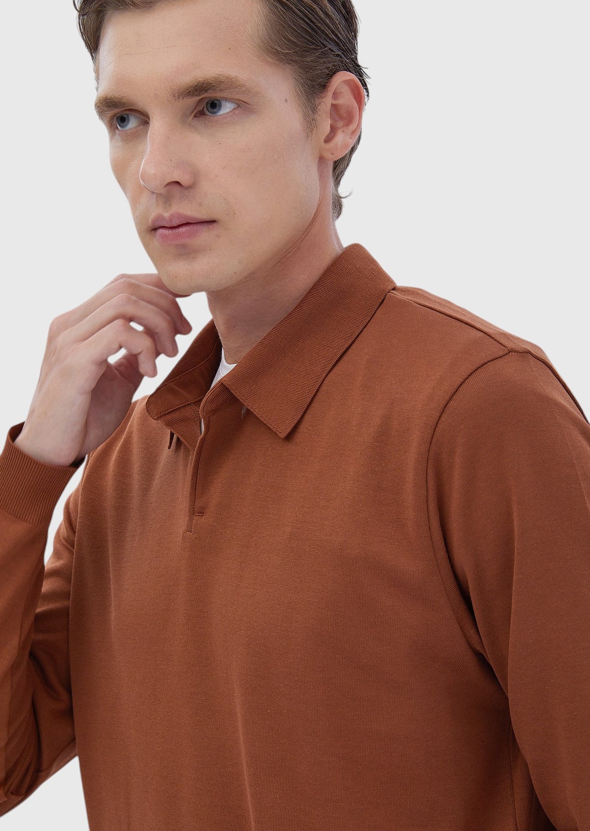 Koyu Turuncu Polo Yaka Düz Sweatshırt