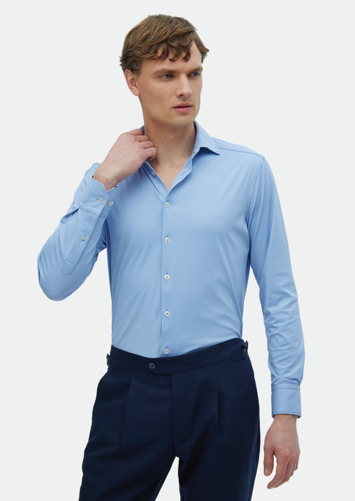 Blue Plain Regular Fit Long Knitting Classical Shirt