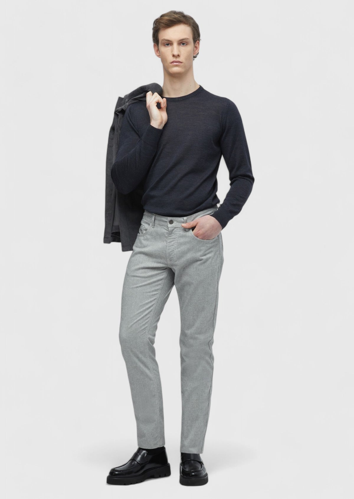 Gri Düz Dokuma Slim Fit Casual Pamuk Karışımlı Pantolon