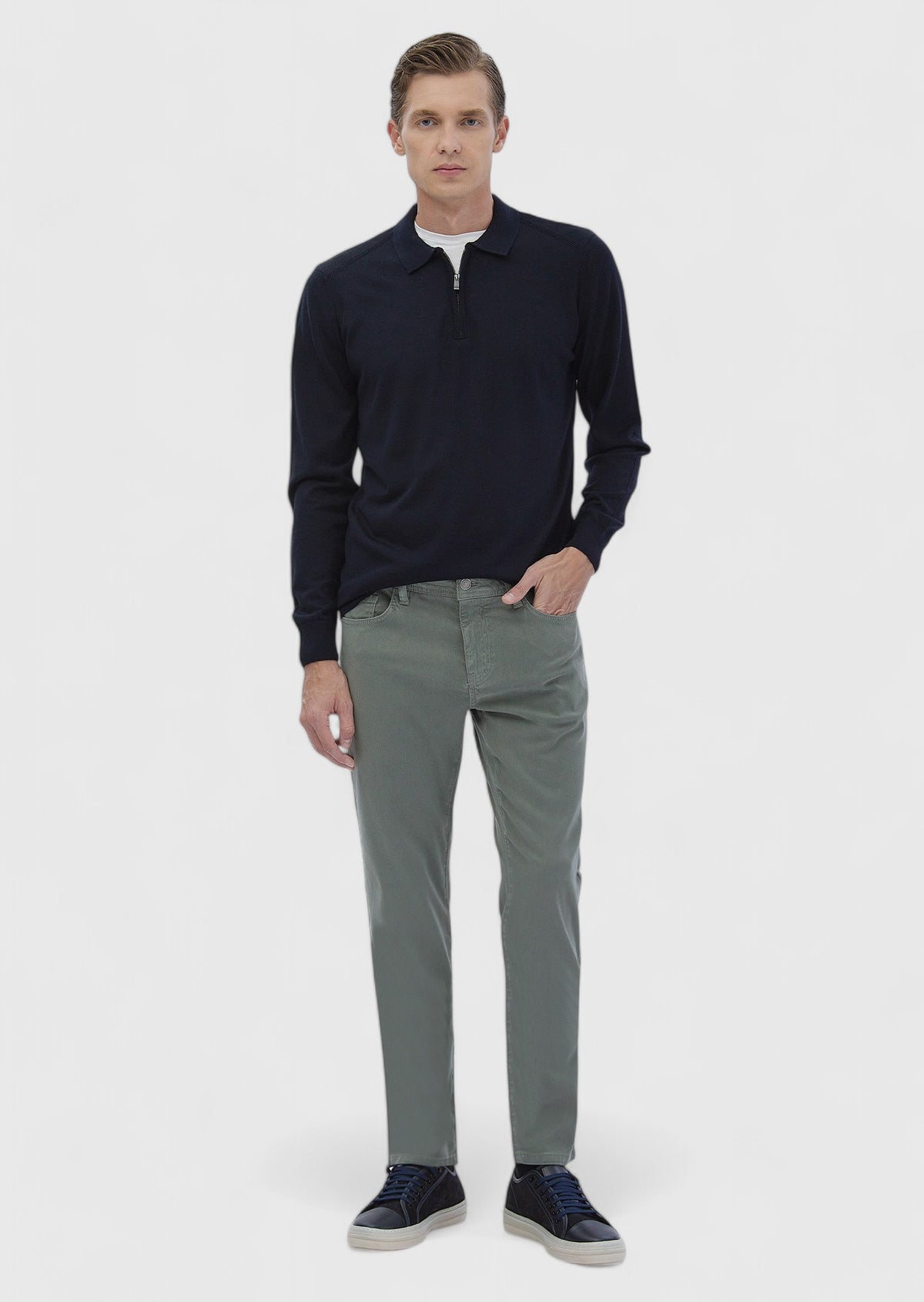 Green Weaving Slim Fit Casual Cotton Blended Trousers