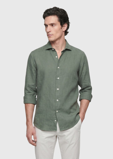 Haki Düz Casual Fit Uzun Dokuma Casual %100 Keten Gömlek