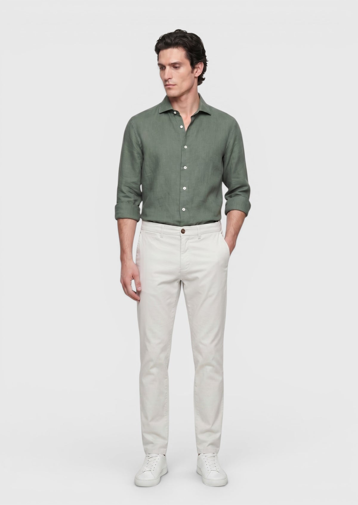 Haki Düz Casual Fit Uzun Dokuma Casual %100 Keten Gömlek
