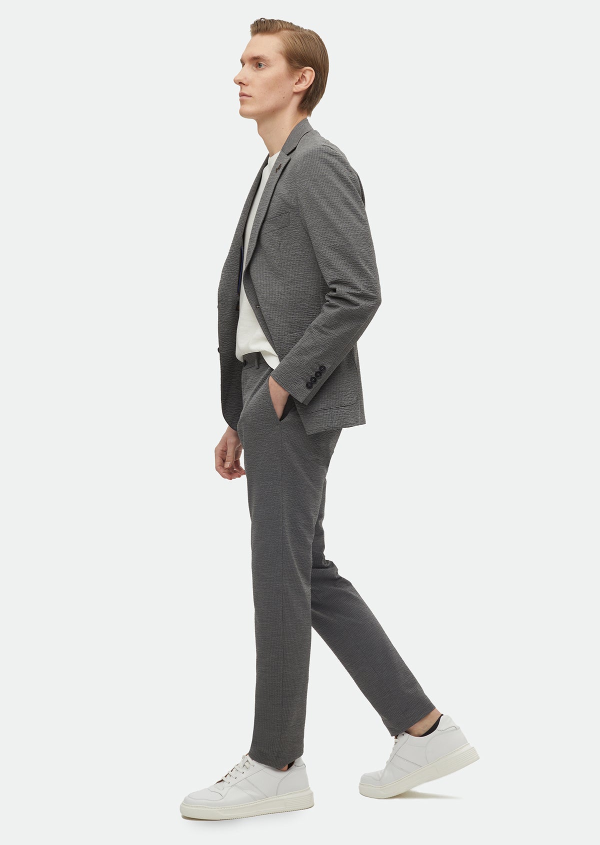 Gri Desenli Comfort Fit Örme Takım Elbise