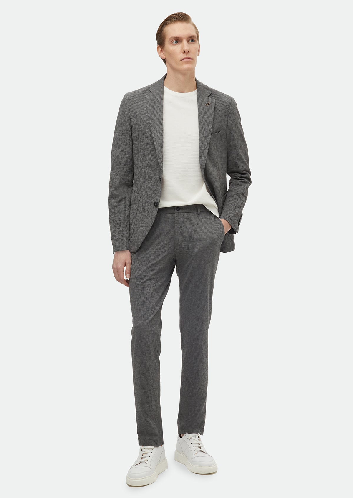 Gri Desenli Comfort Fit Örme Takım Elbise