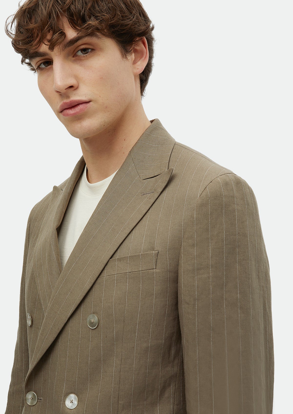 Haki Çizgili Zeroweight Slim Fit Keten Karışımlı Ceket