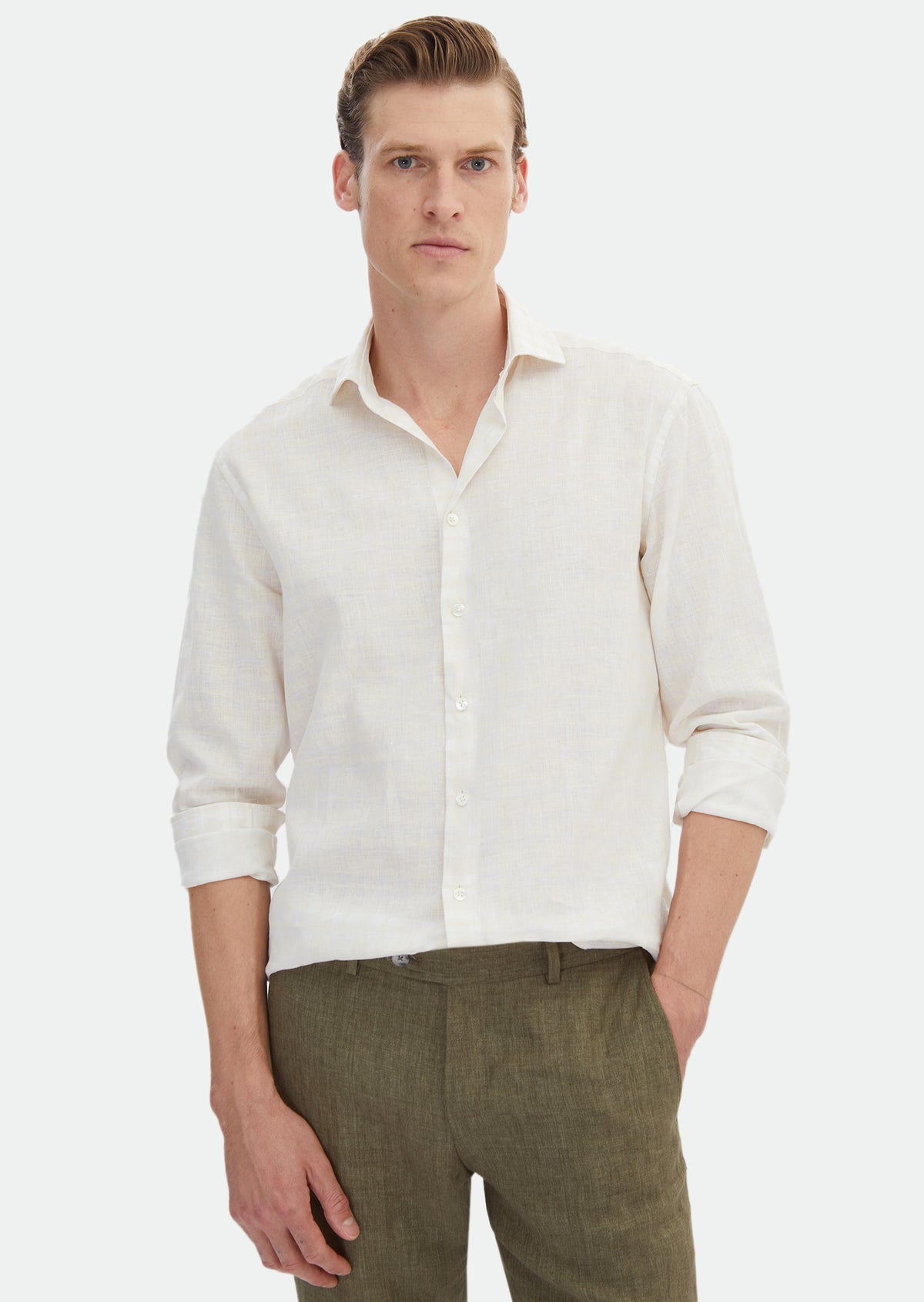 Ekru Baskılı Regular Fit Uzun Dokuma Casual %100 Keten Gömlek