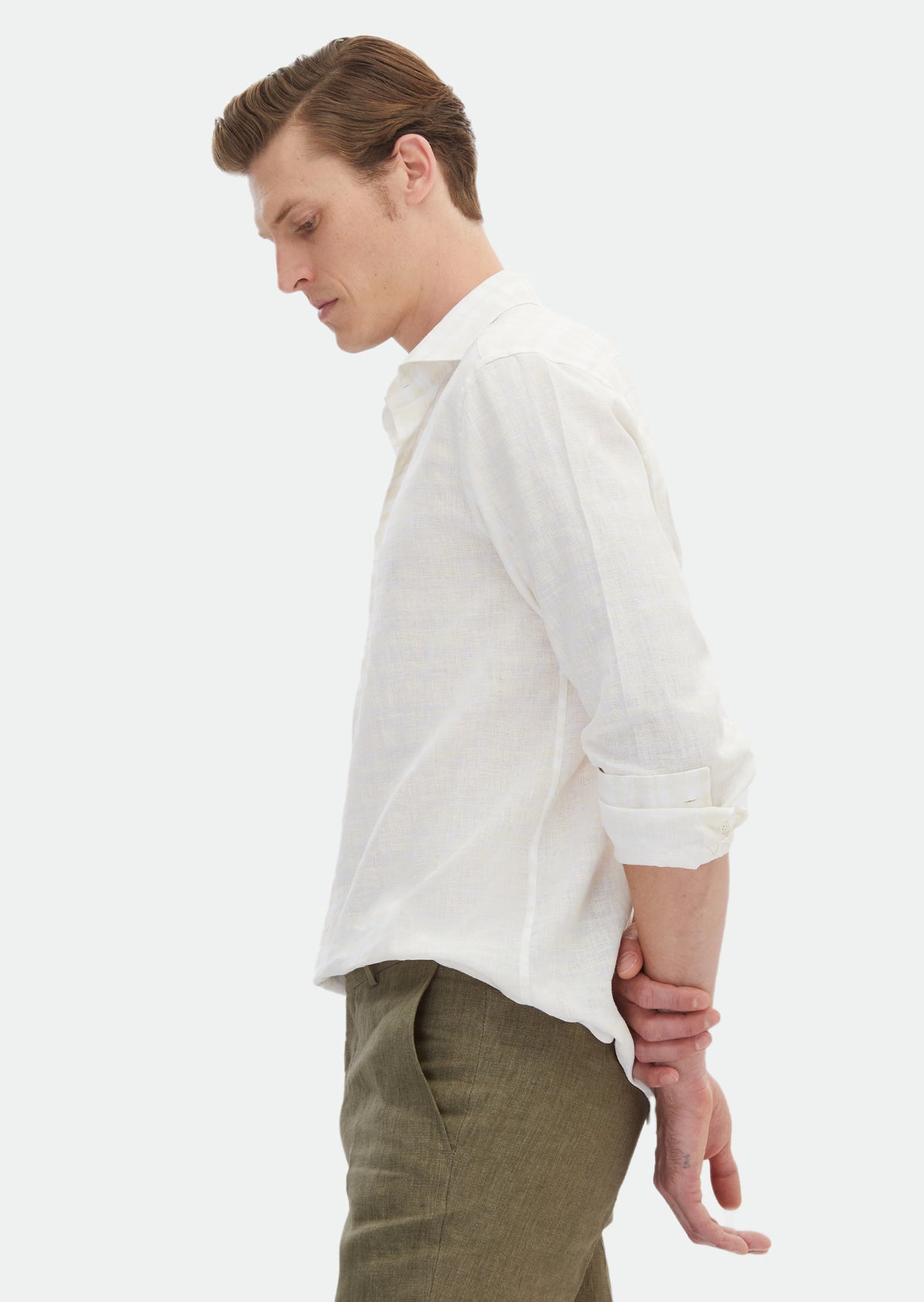 Ekru Baskılı Regular Fit Uzun Dokuma Casual %100 Keten Gömlek