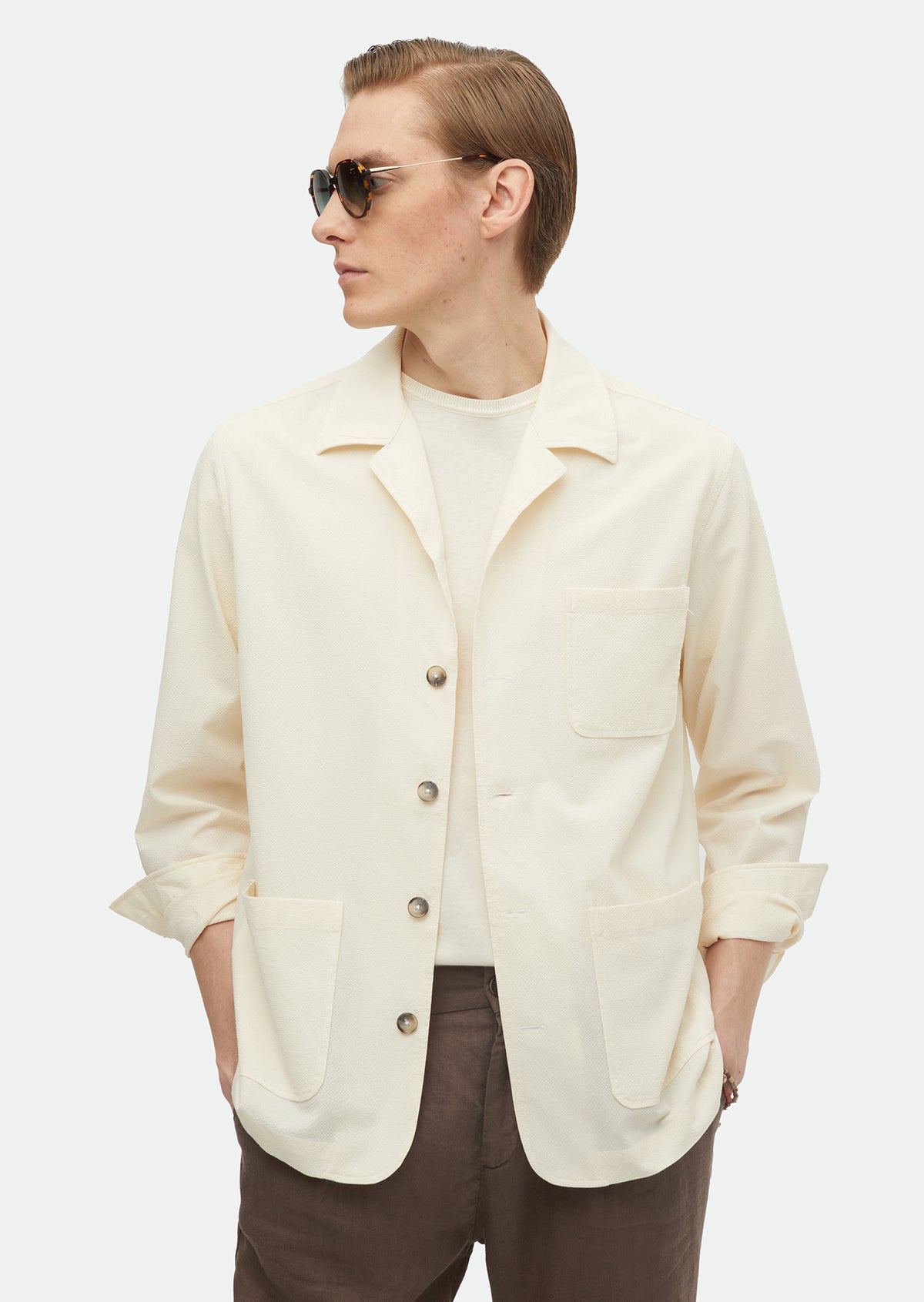 Ekru Düz Casual Fit Uzun Dokuma Pamuk Karışımlı Overshirt