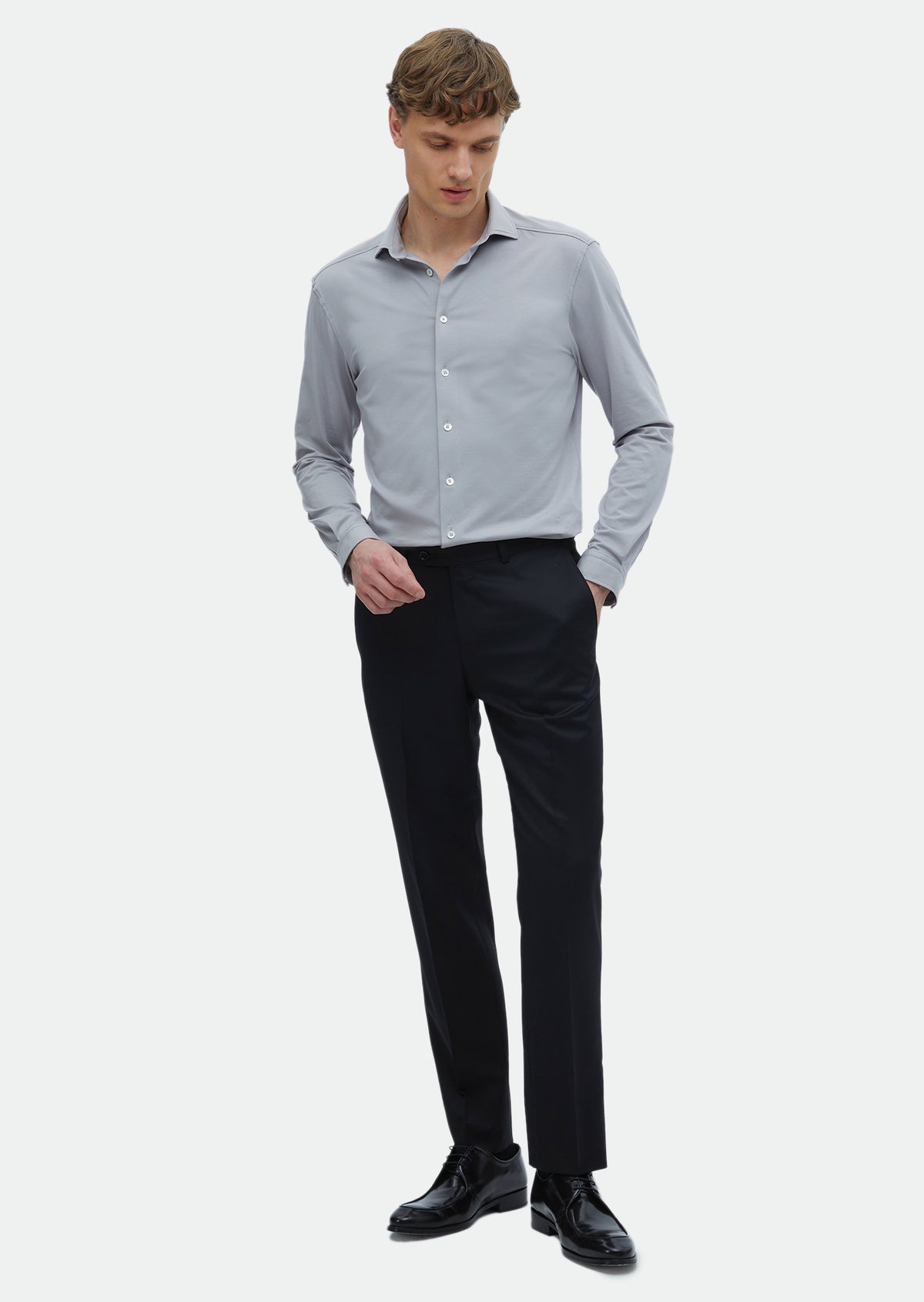Gri Düz Regular Fit Uzun Casual Pamuk Karışımlı Gömlek