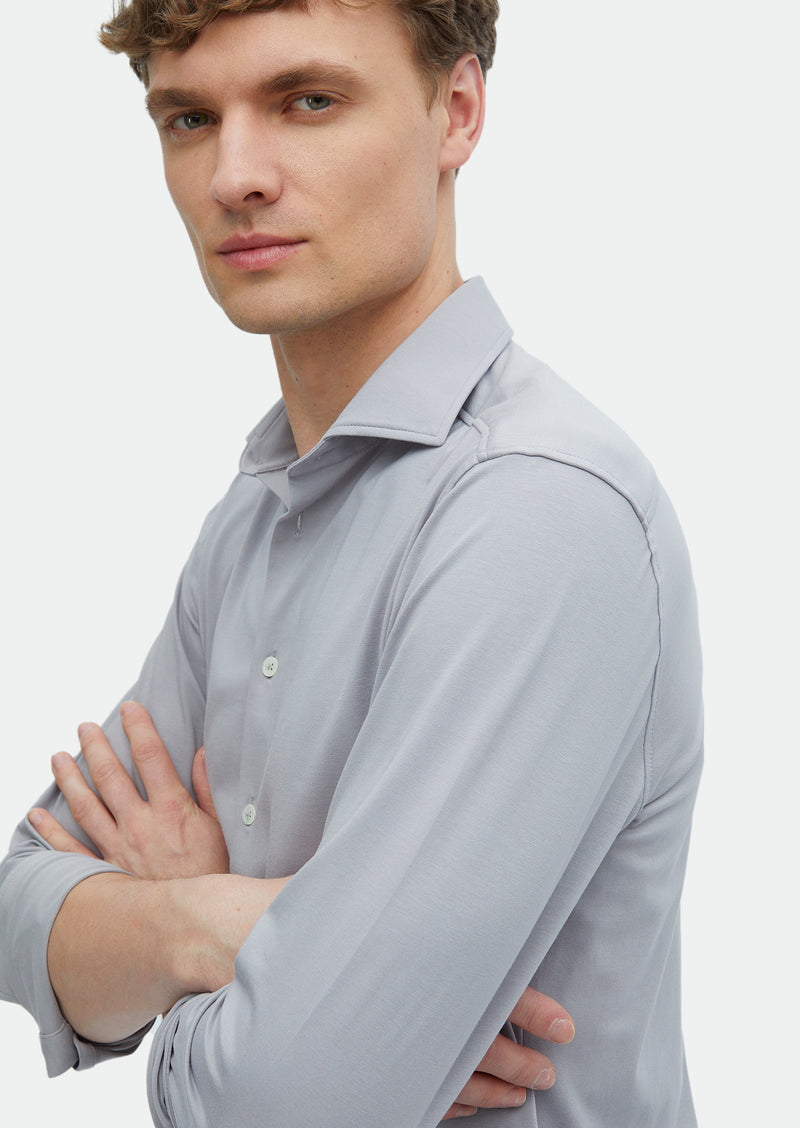 Gri Düz Regular Fit Uzun Casual Pamuk Karışımlı Gömlek