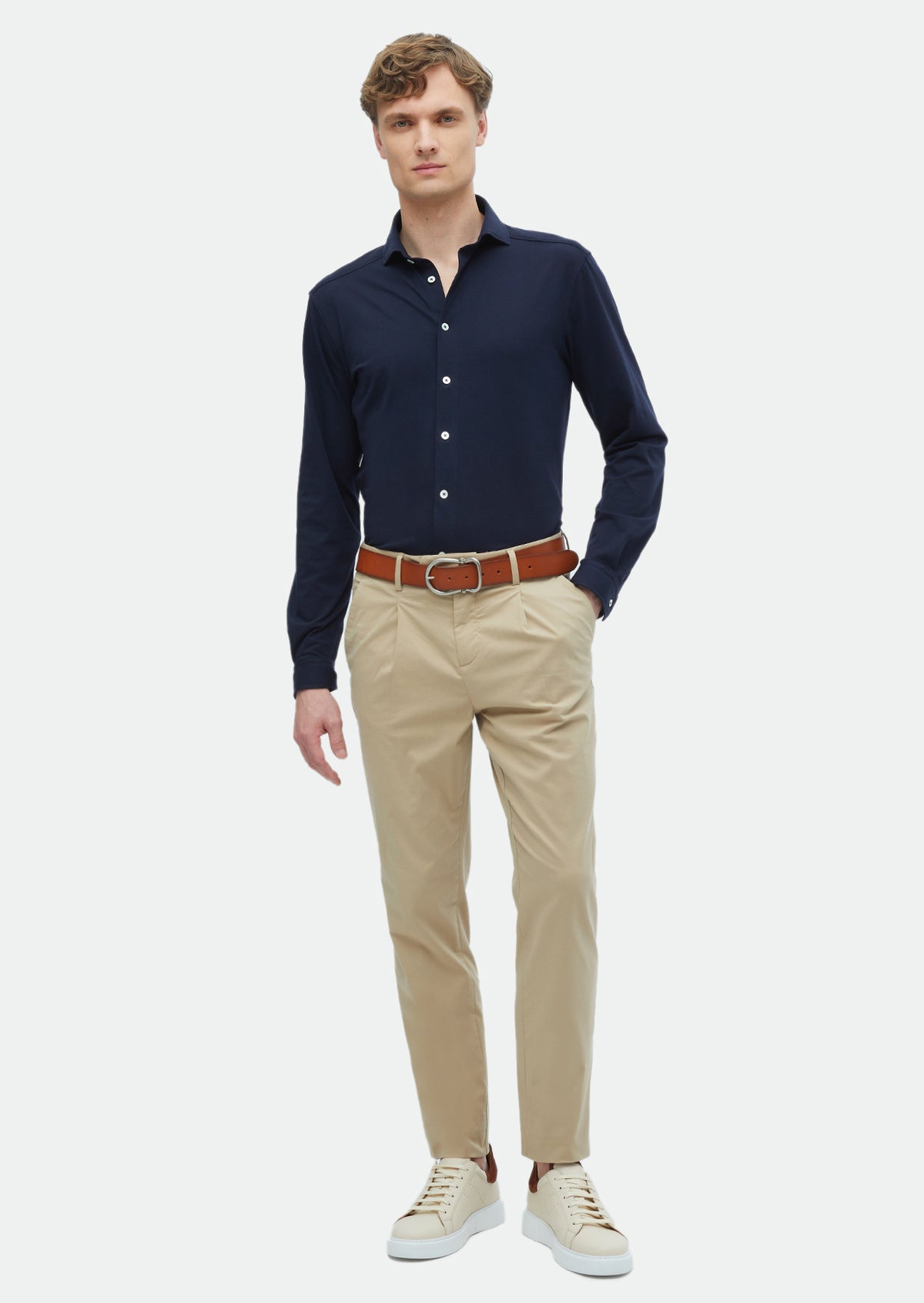 Lacivert Düz Regular Fit Uzun Casual Pamuk Karışımlı Gömlek