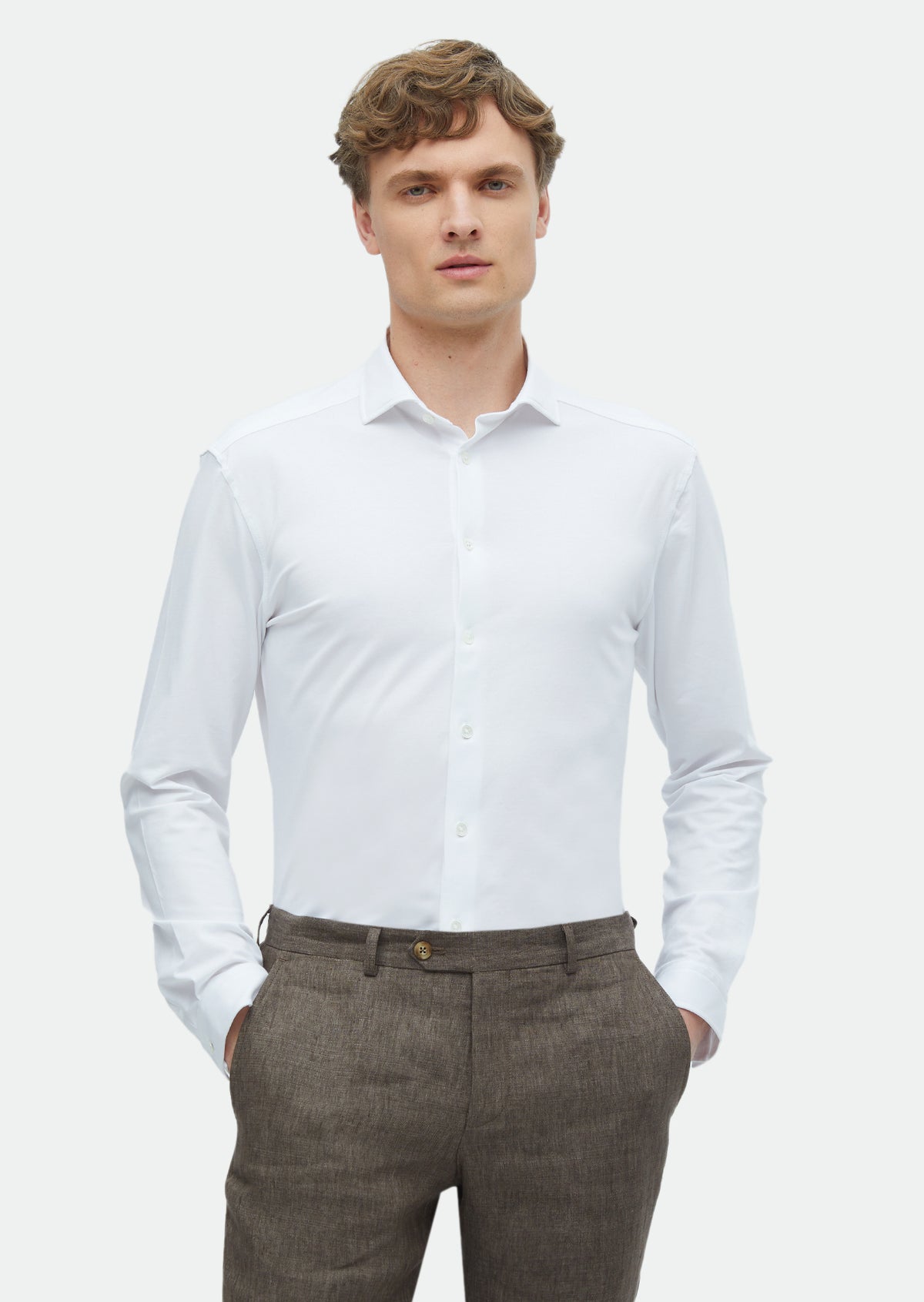 Beyaz Düz Regular Fit Uzun Casual Pamuk Karışımlı Gömlek