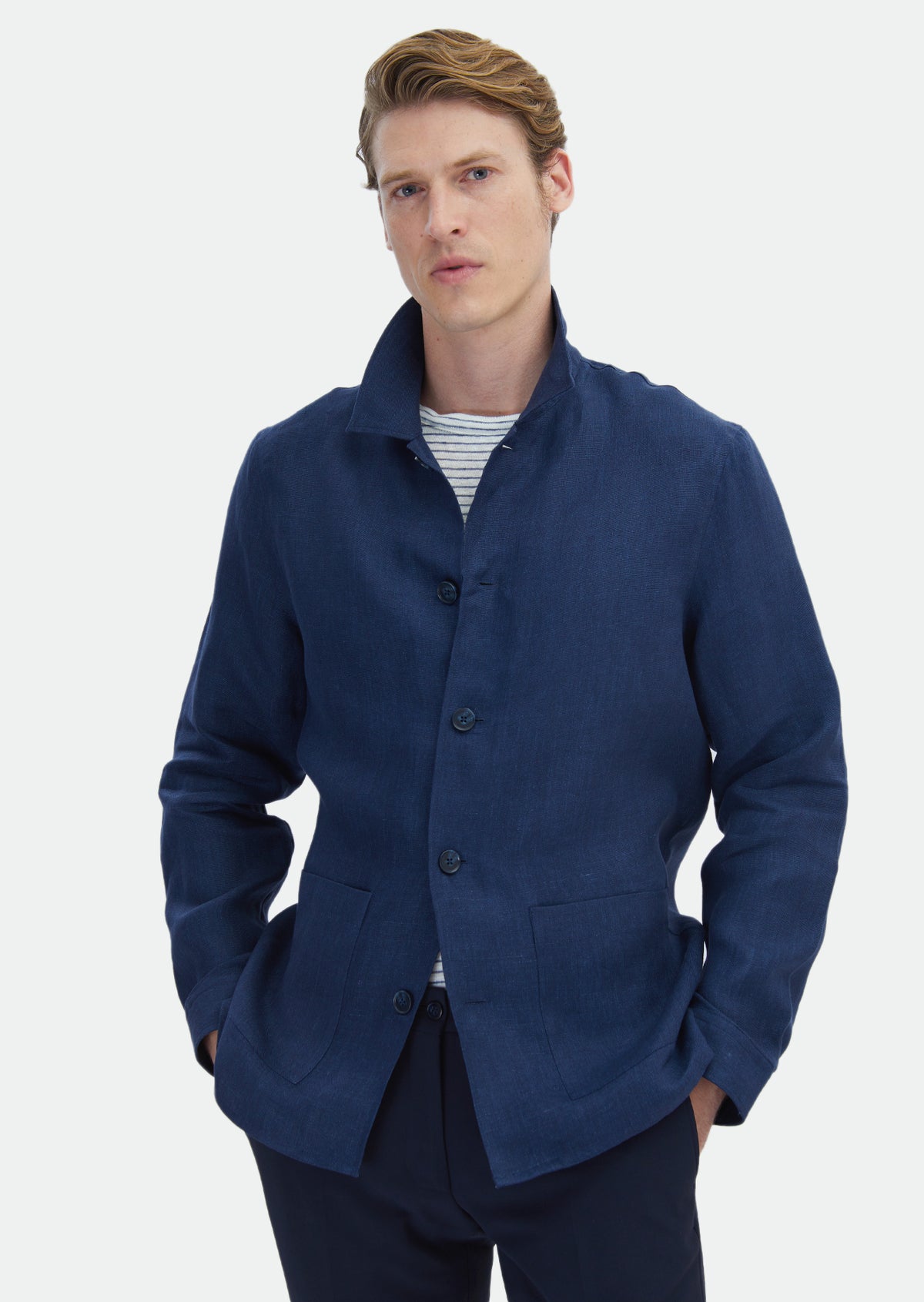 Lacivert Düz Regular Fit Uzun Dokuma %100 Keten Overshirt