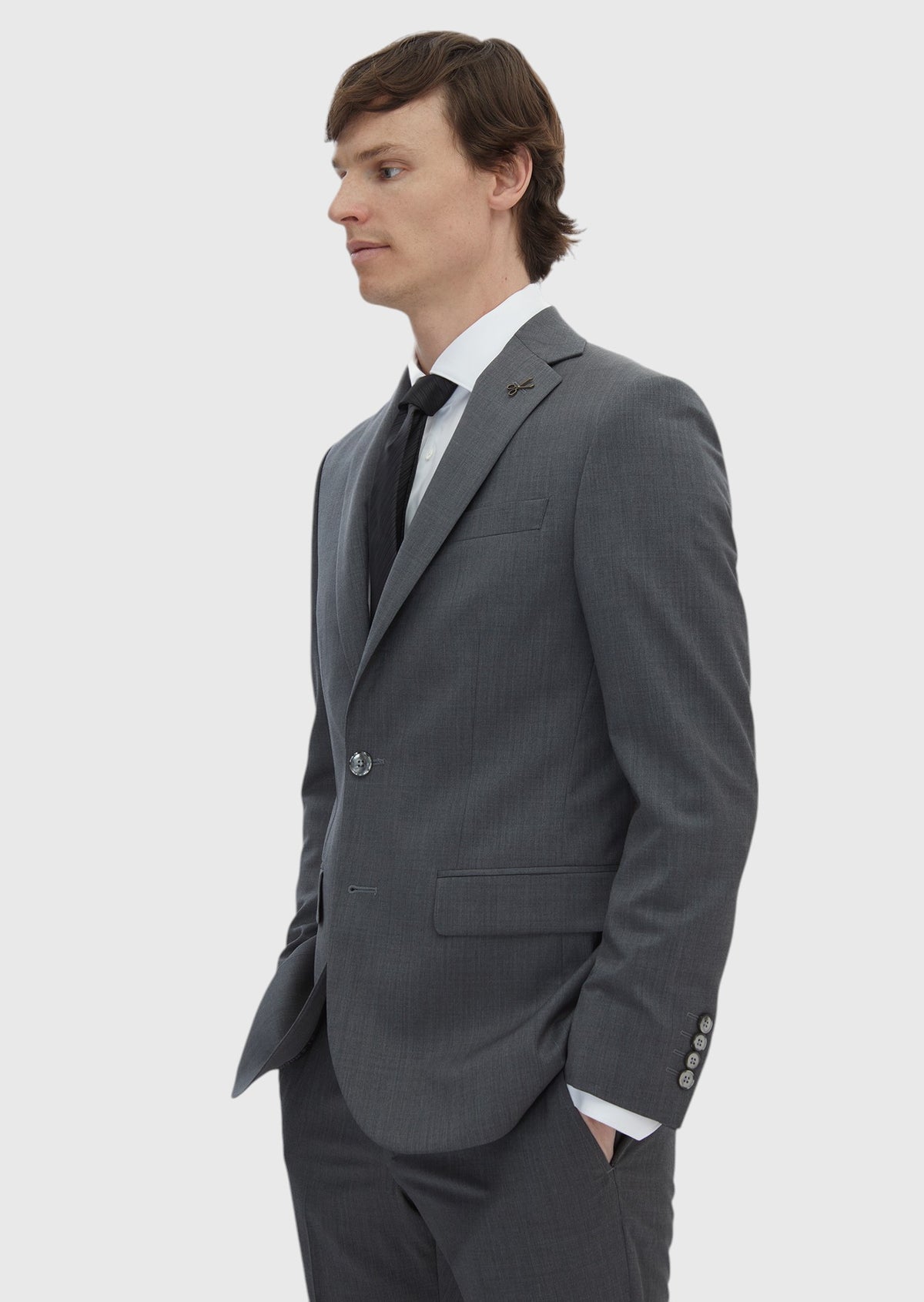 Gri Düz Slim Fit %100 Yün Takım Elbise