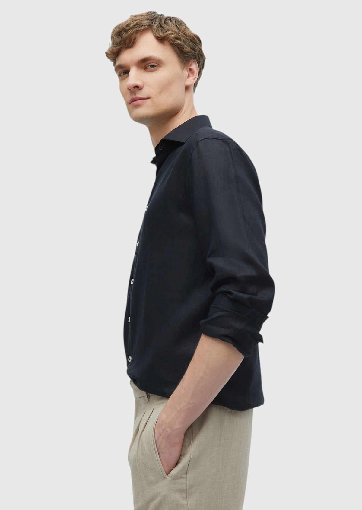 Siyah Düz Casual Fit Uzun Dokuma Casual %100 Keten Gömlek