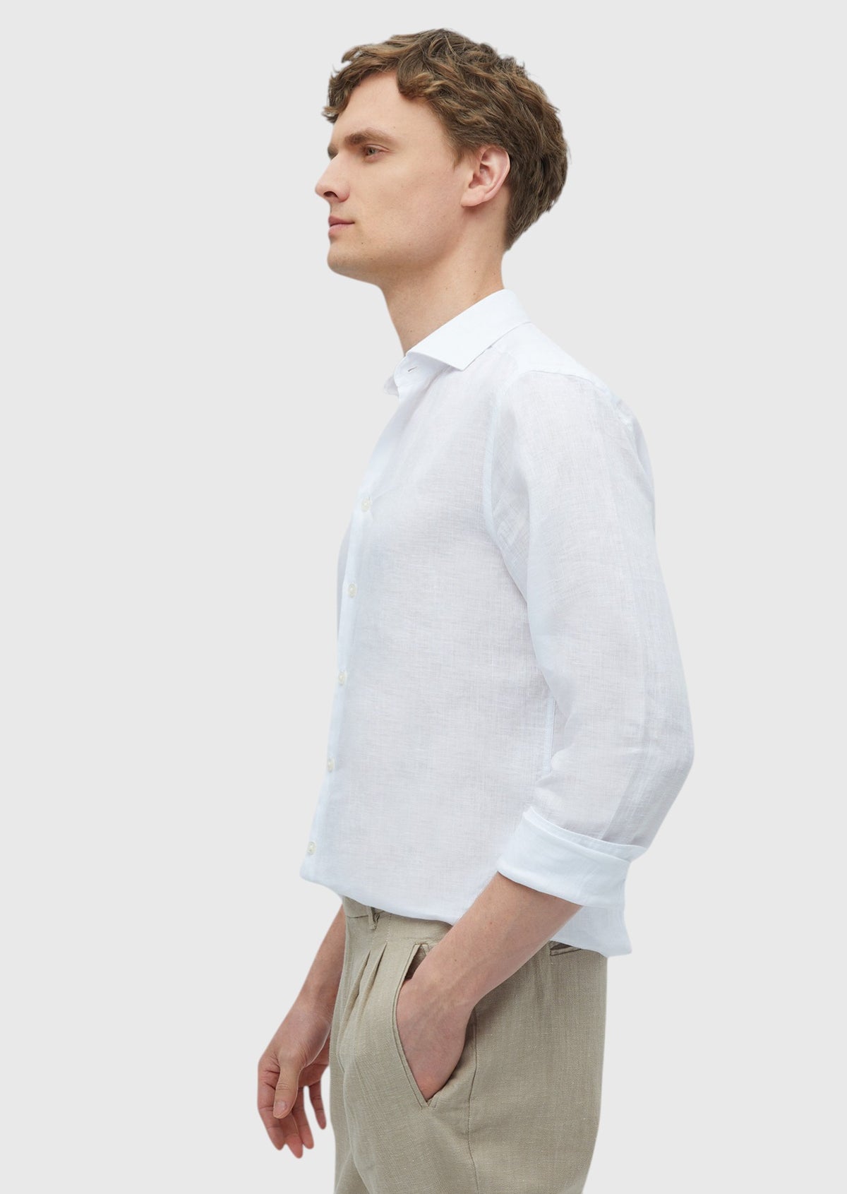 Beyaz Düz Casual Fit Uzun Dokuma Casual %100 Keten Gömlek