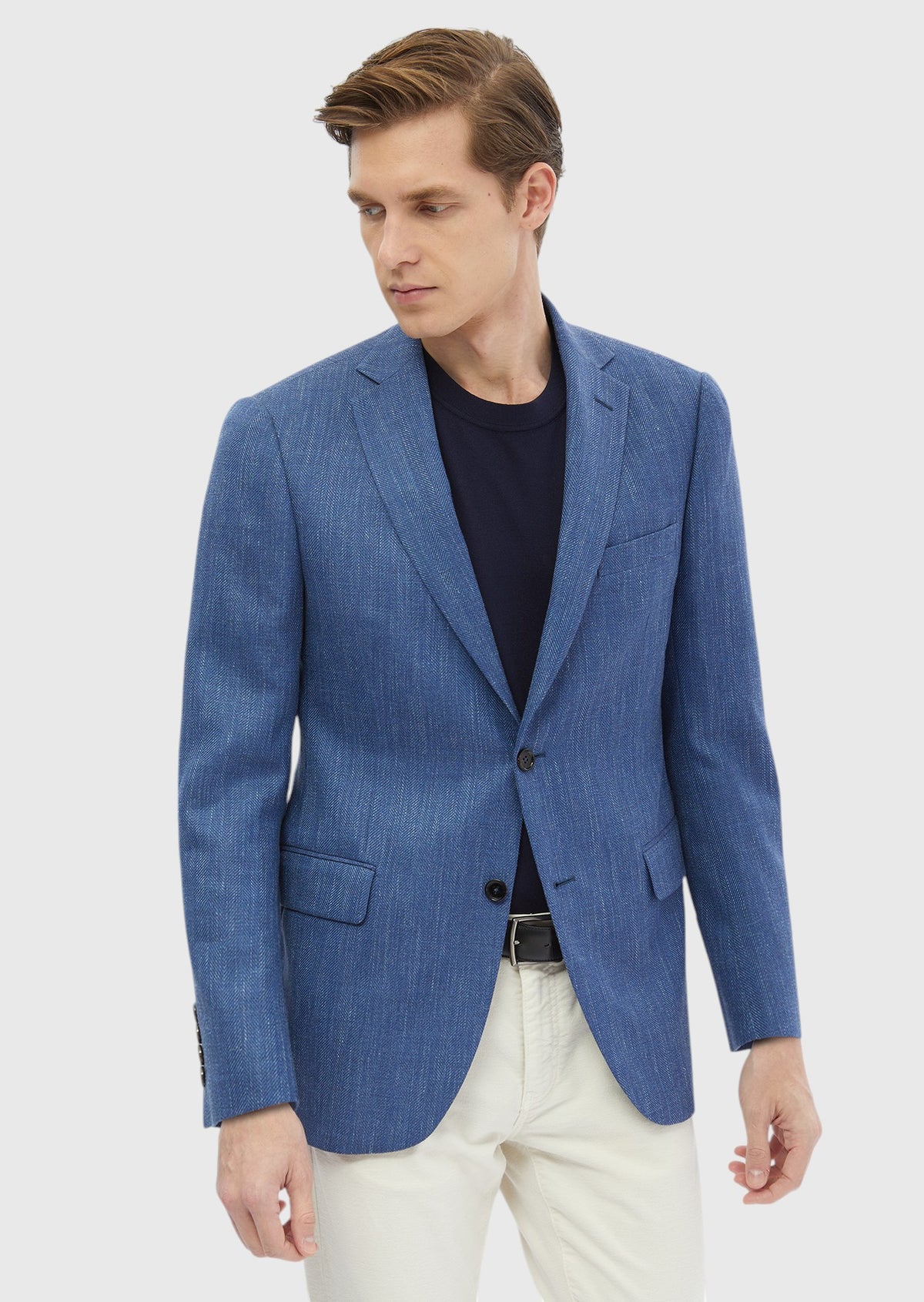 Lacivert Desenli Regular Fit İpek Karışımlı Ceket