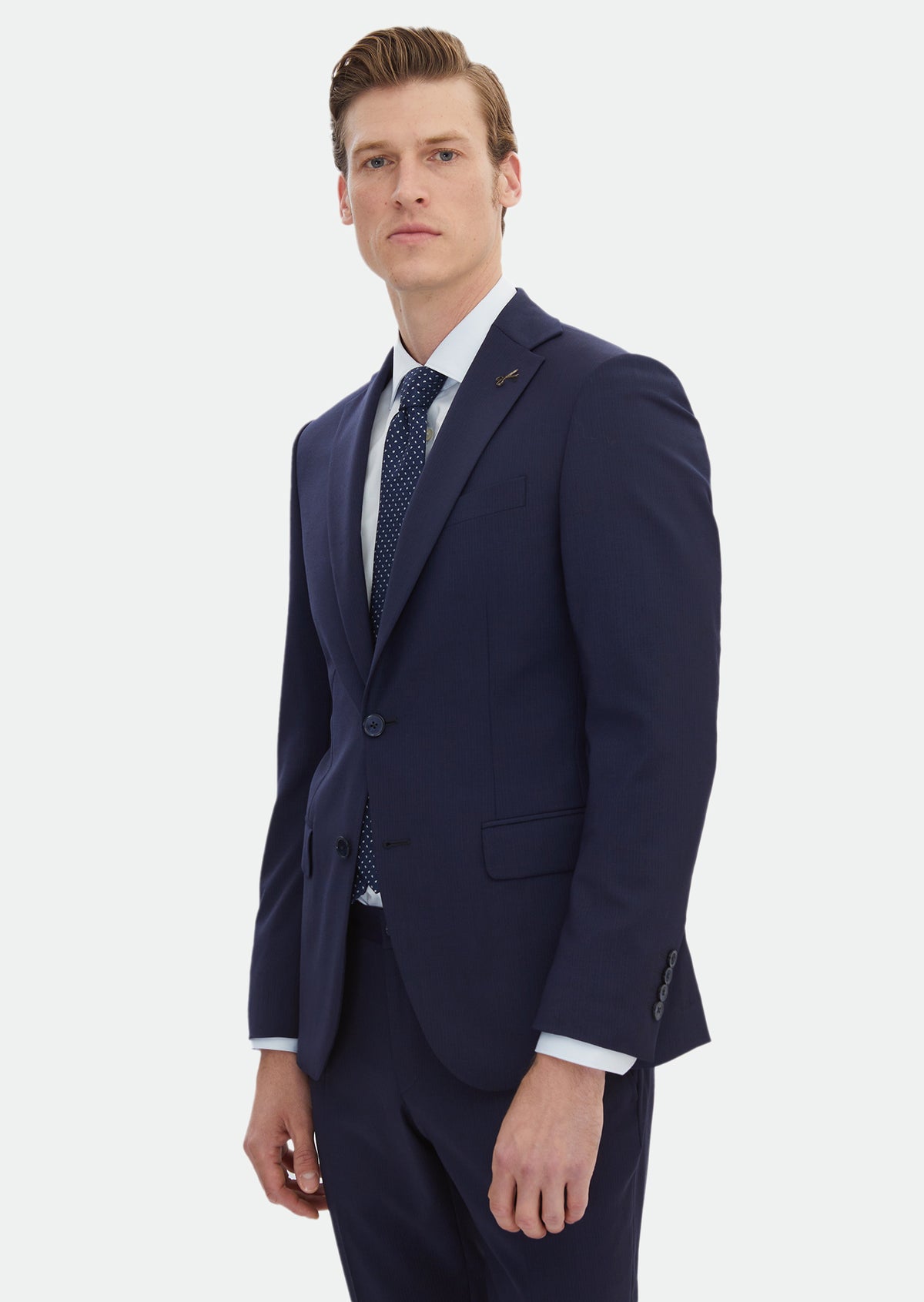 Lacivert Çizgili Modern Fit Yün Karışımlı Takım Elbise