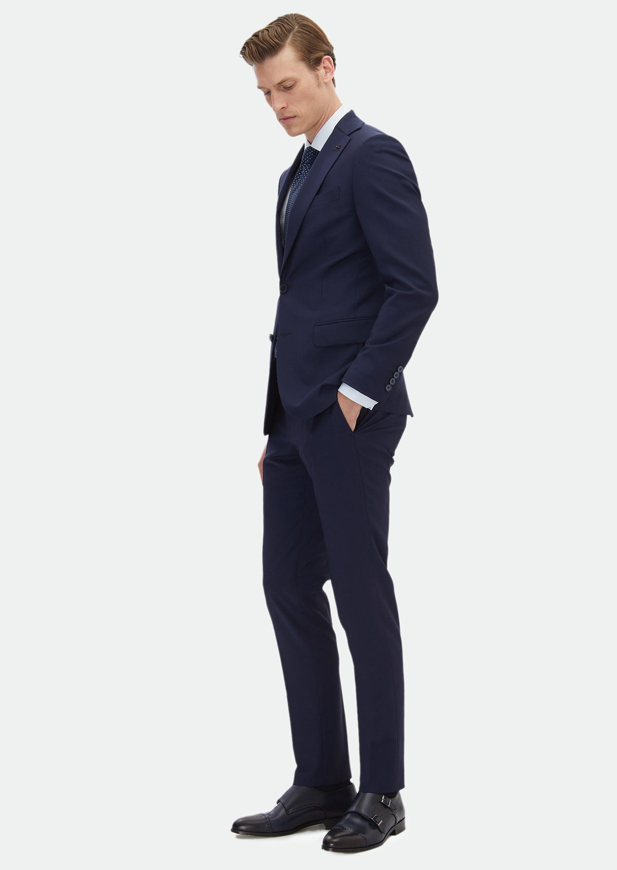 Lacivert Çizgili Modern Fit Yün Karışımlı Takım Elbise