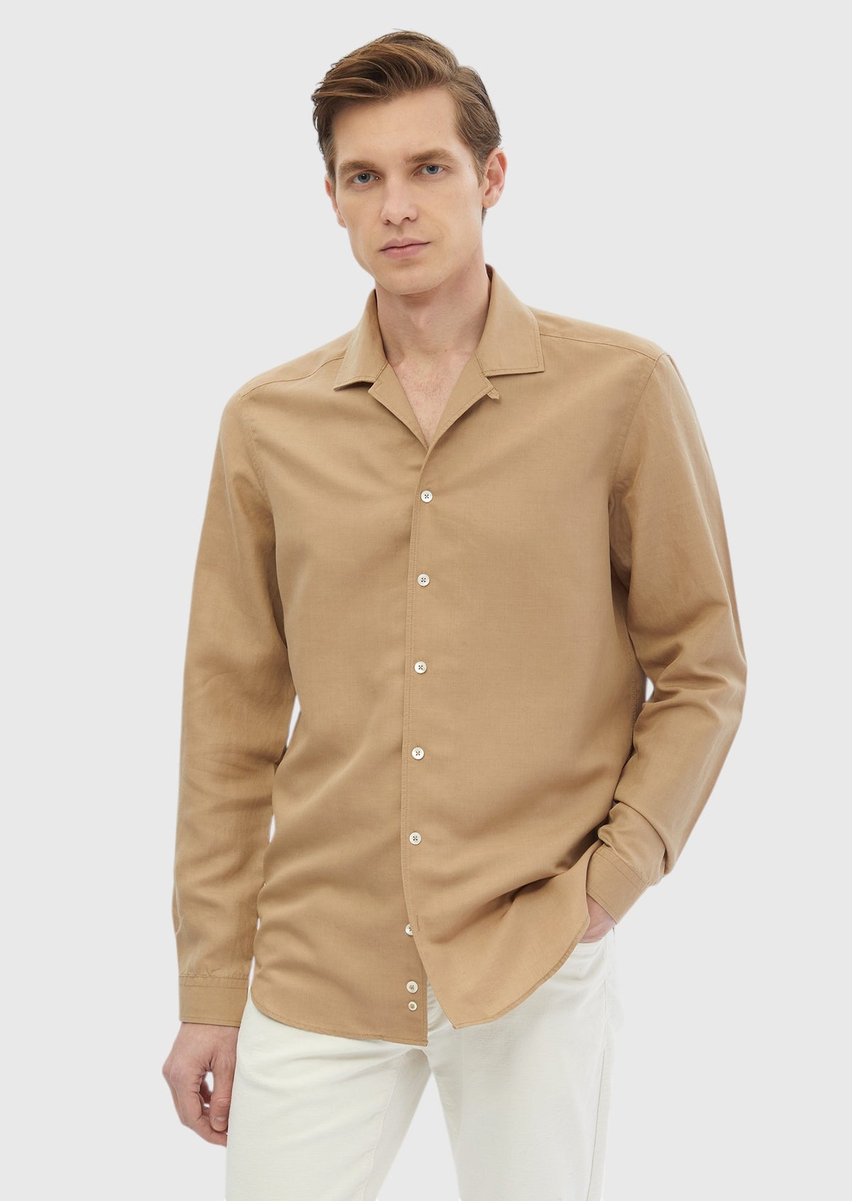 Deve Tüyü Düz Regular Fit Uzun Dokuma Casual Keten Karışımlı Gömlek
