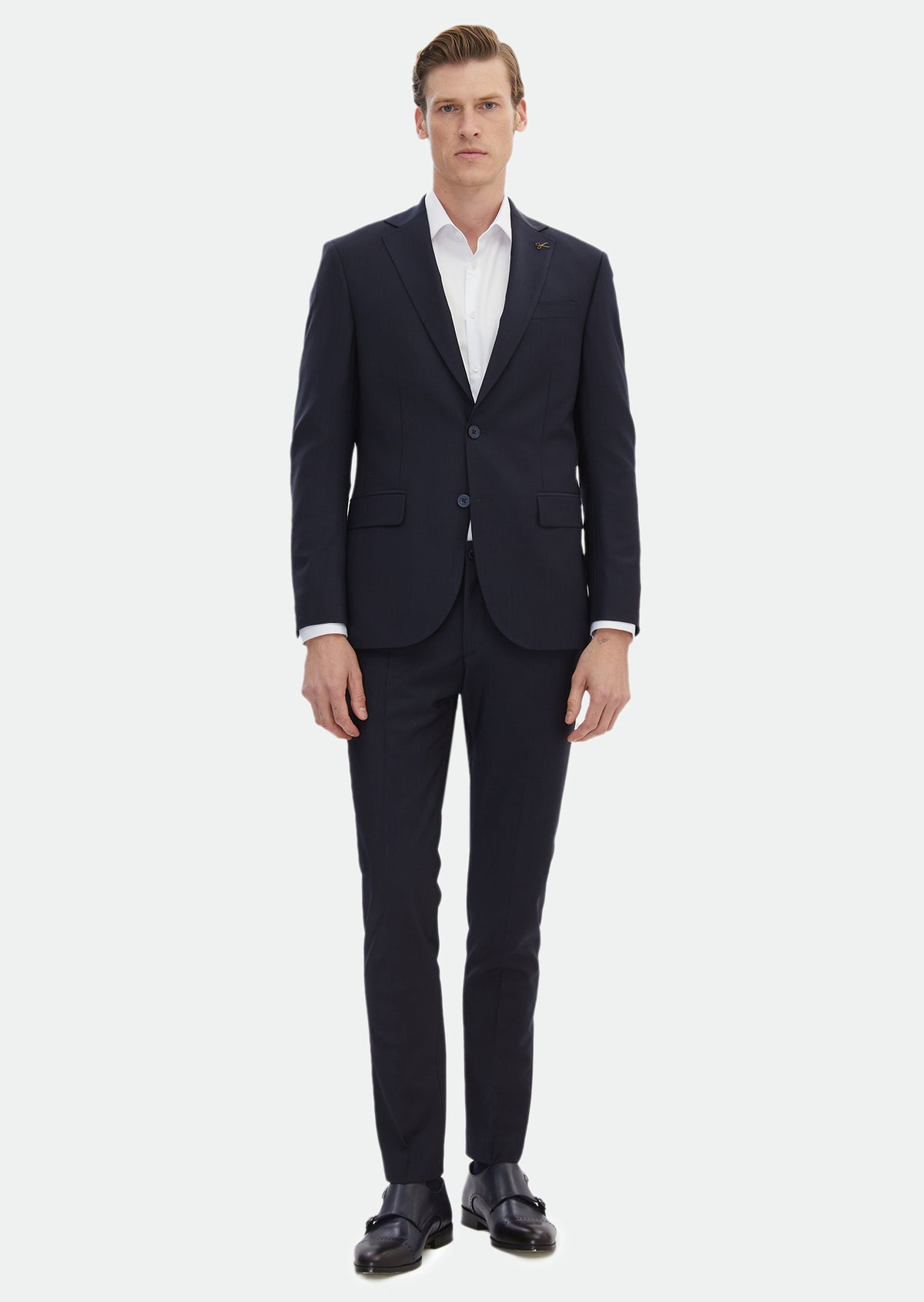 Lacivert Desenli Modern Fit Yün Karışımlı Takım Elbise