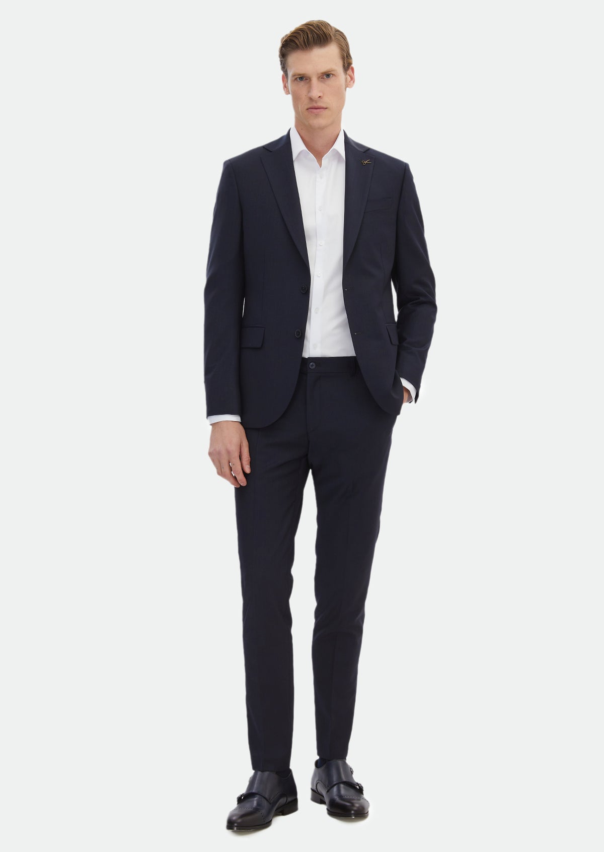 Lacivert Desenli Modern Fit Yün Karışımlı Takım Elbise