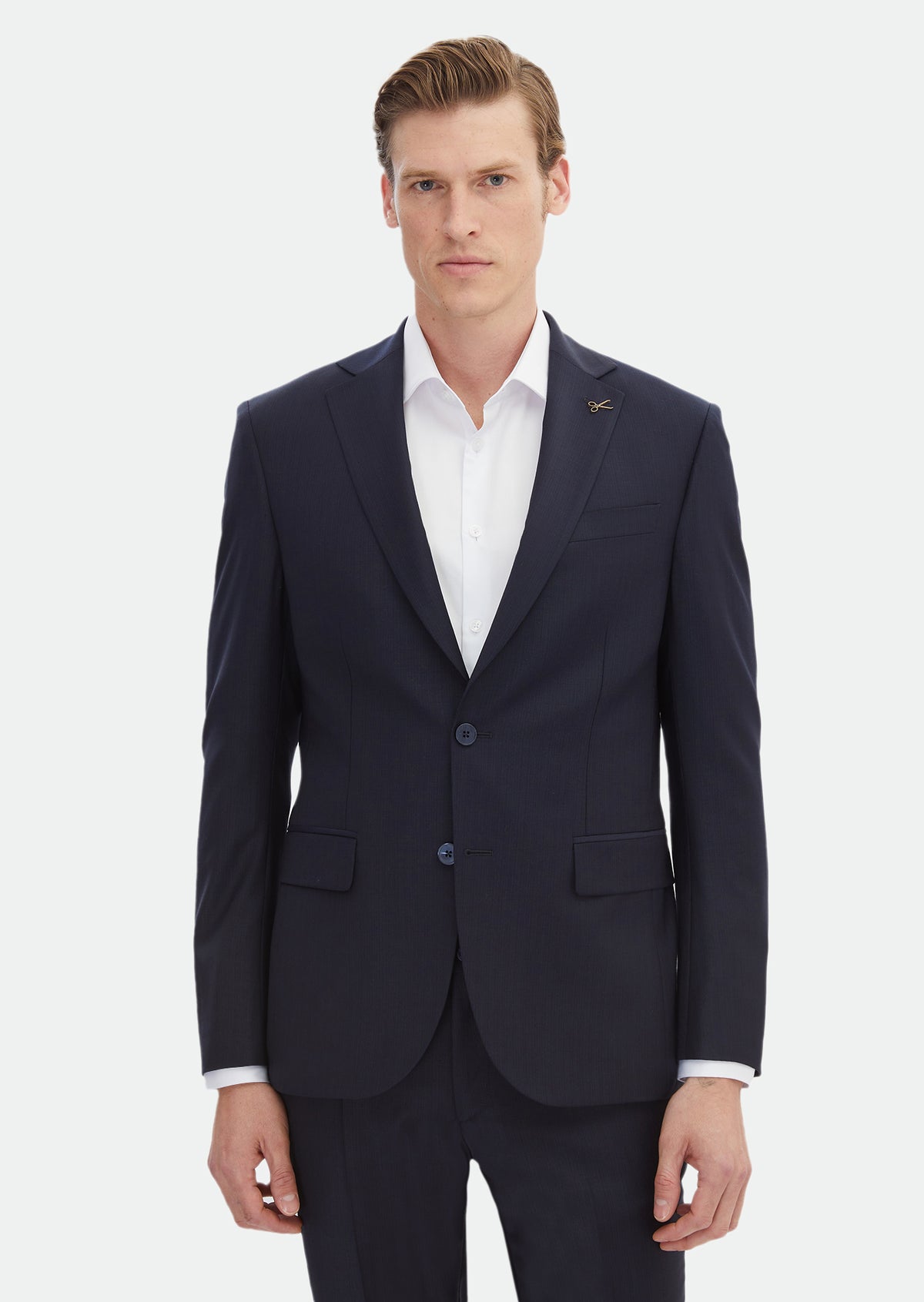 Lacivert Desenli Modern Fit Yün Karışımlı Takım Elbise
