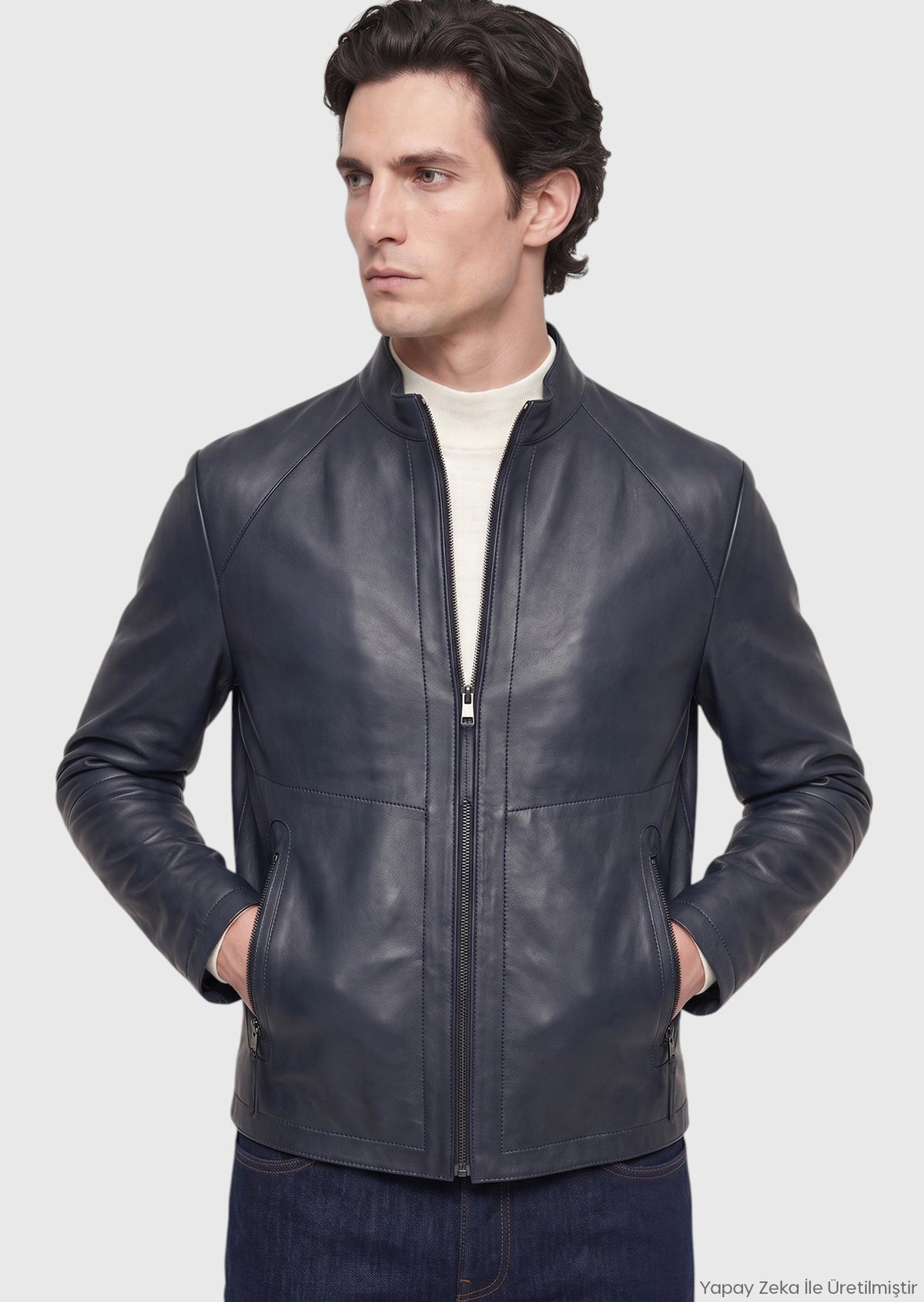 Mavi Regular Fit Dik Yaka Casual Deri Deri Mont