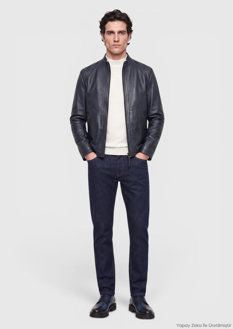 Mavi Regular Fit Dik Yaka Casual Deri Deri Mont