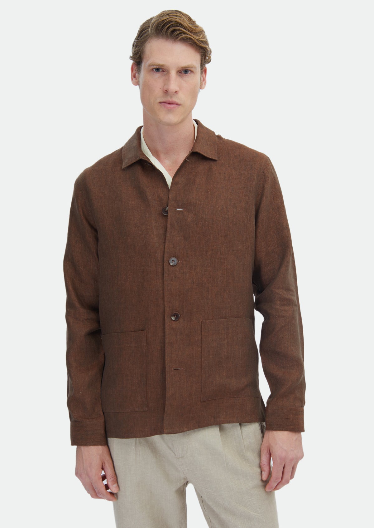 Kiremit Düz Regular Fit Uzun Dokuma %100 Keten Overshirt