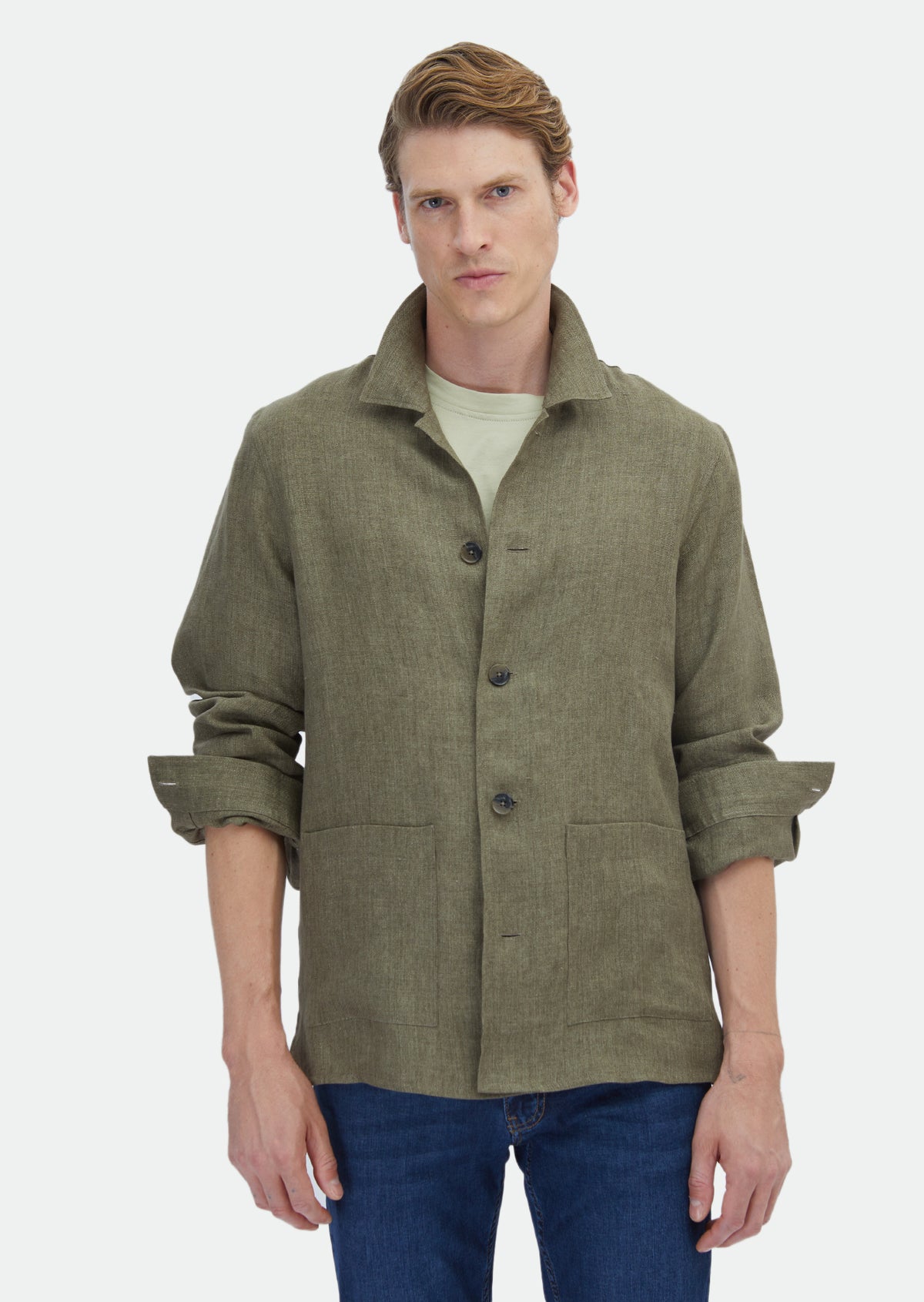 Haki Düz Regular Fit Uzun Dokuma %100 Keten Overshirt