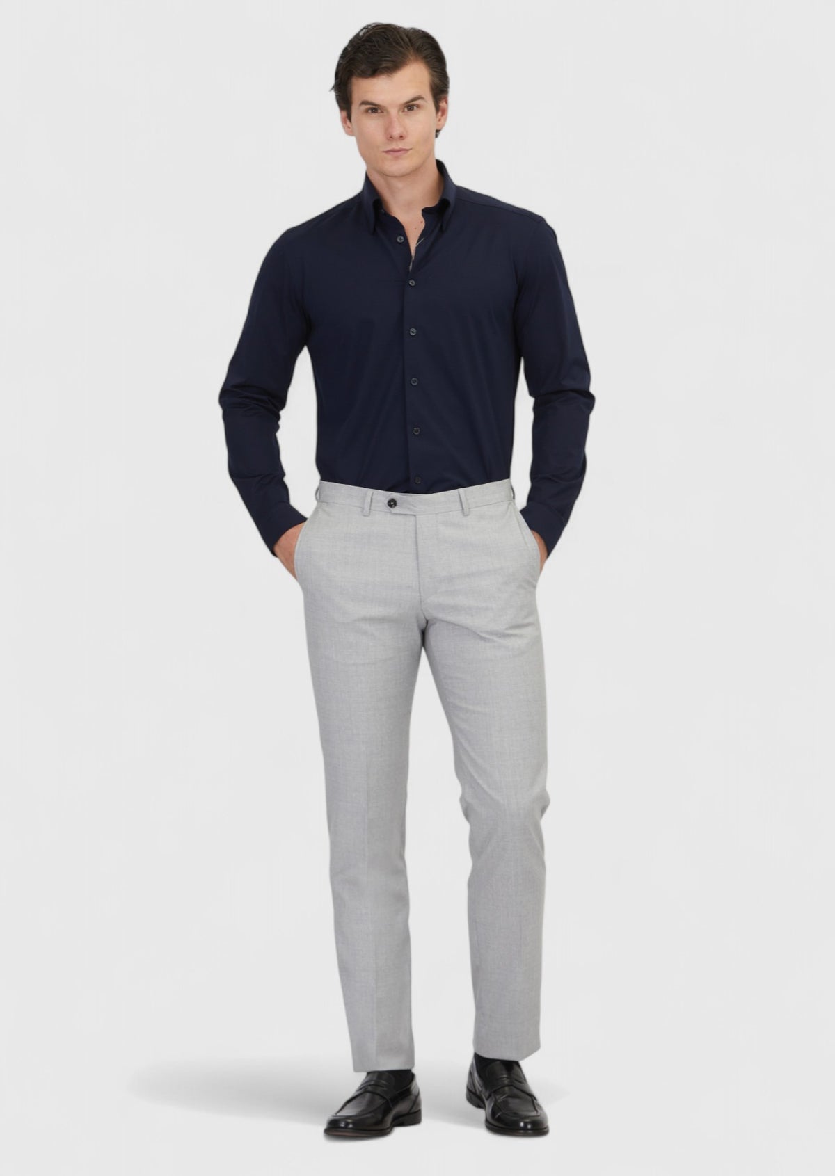 Gri Düz Dokuma Regular Fit Klasik %100 Yün Pantolon
