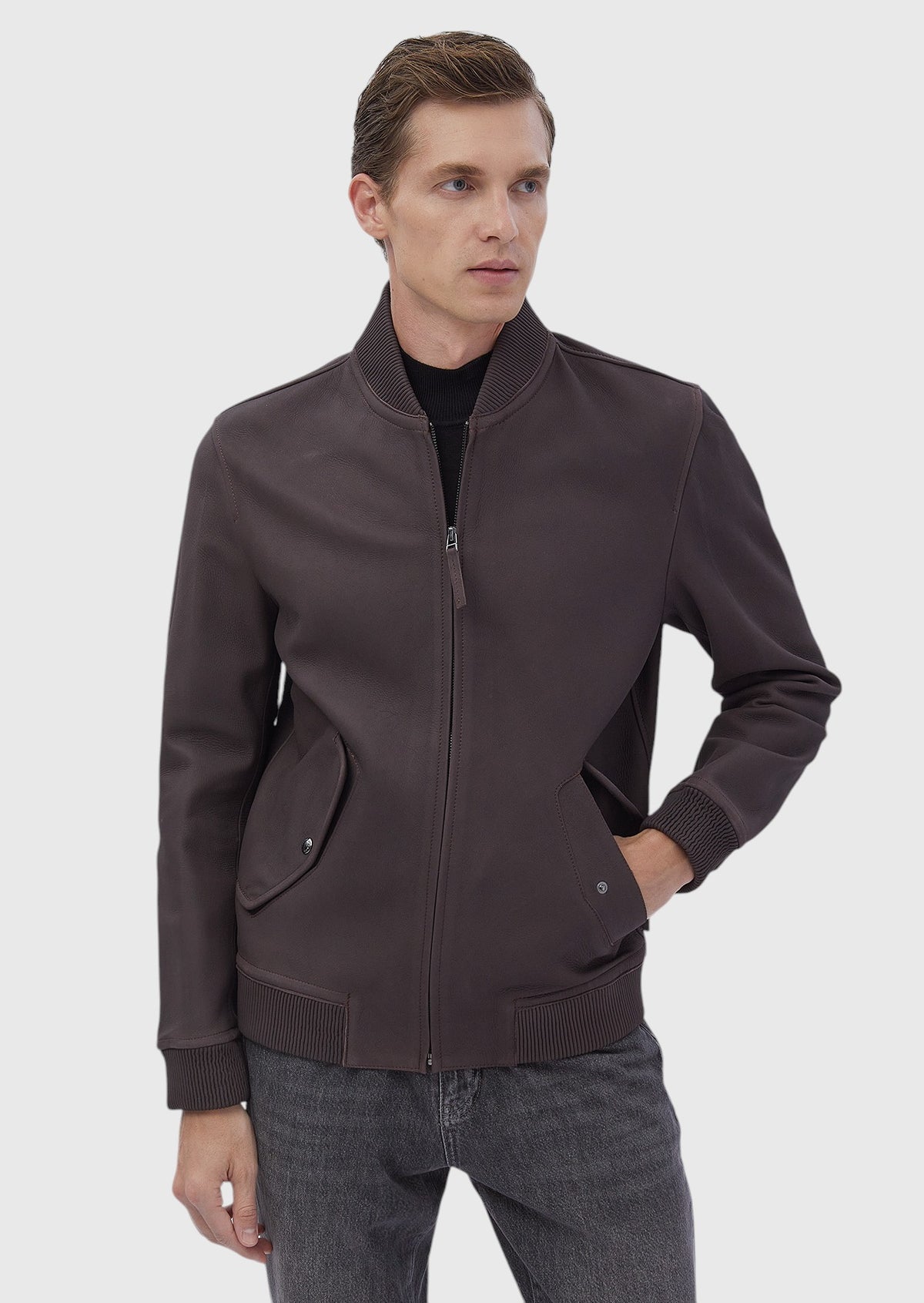 Bordo Regular Fit Dik Yaka Deri Deri Mont