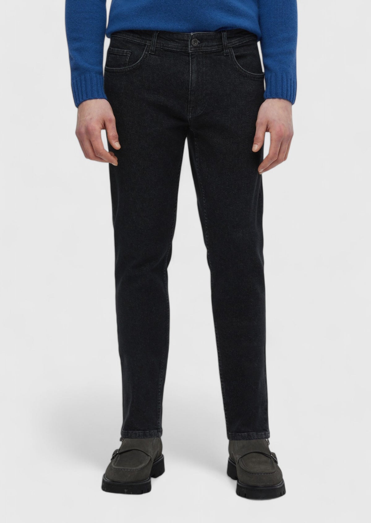 Siyah Düz Slim Fit Denim Pamuk Karışımlı Pantolon