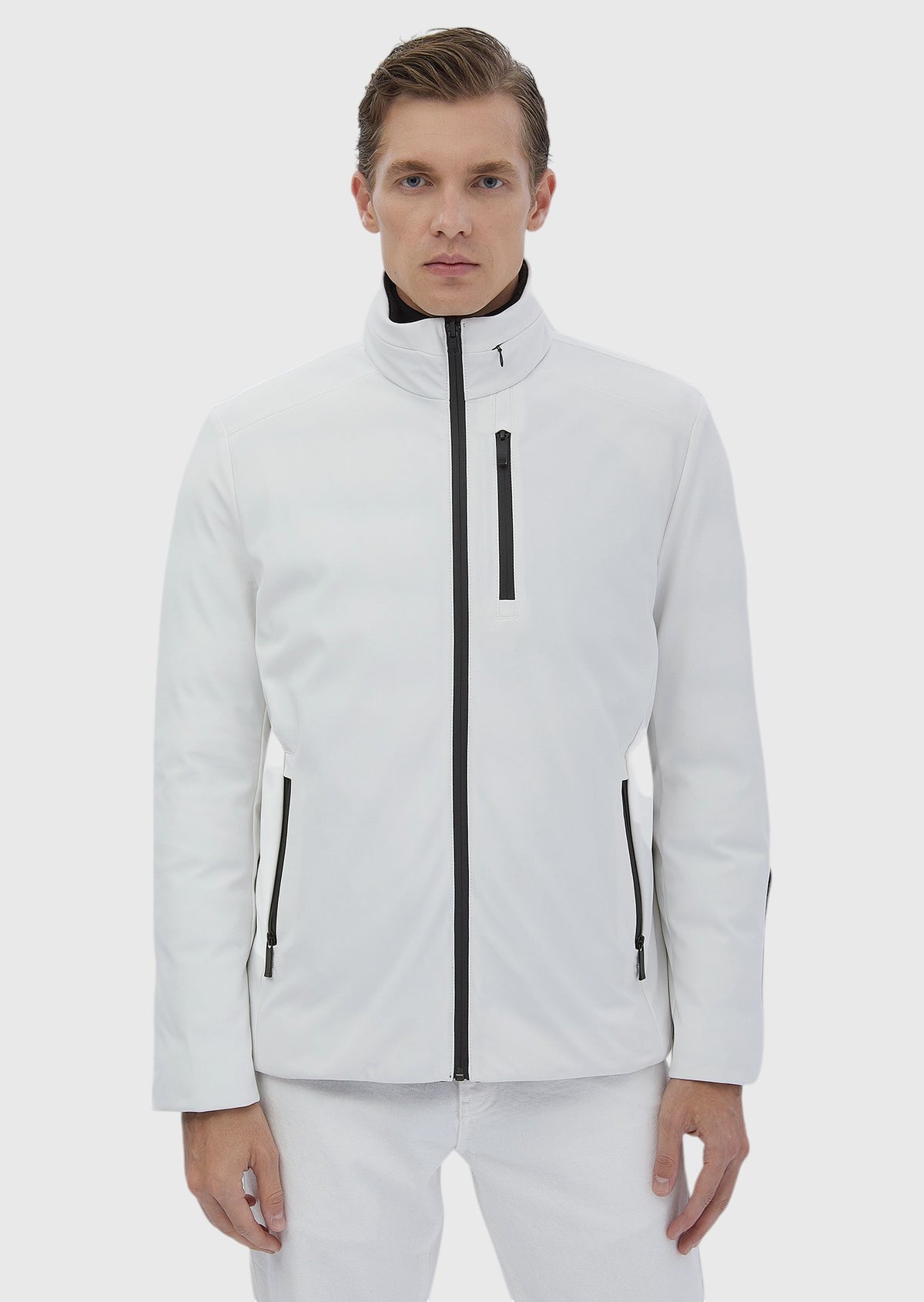 Beyaz Regular Fit Dik Yaka Casual Dokuma Çift Taraflı Mont
