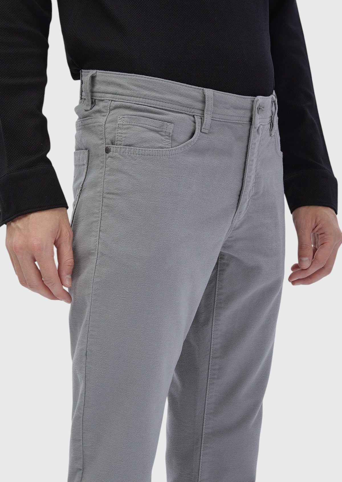 Gri Düz Dokuma Slim Fit Casual Pamuk Karışımlı Pantolon