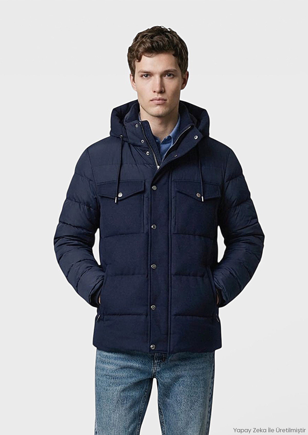 Lacivert Regular Fit Kapüşonlu Dokuma Mont